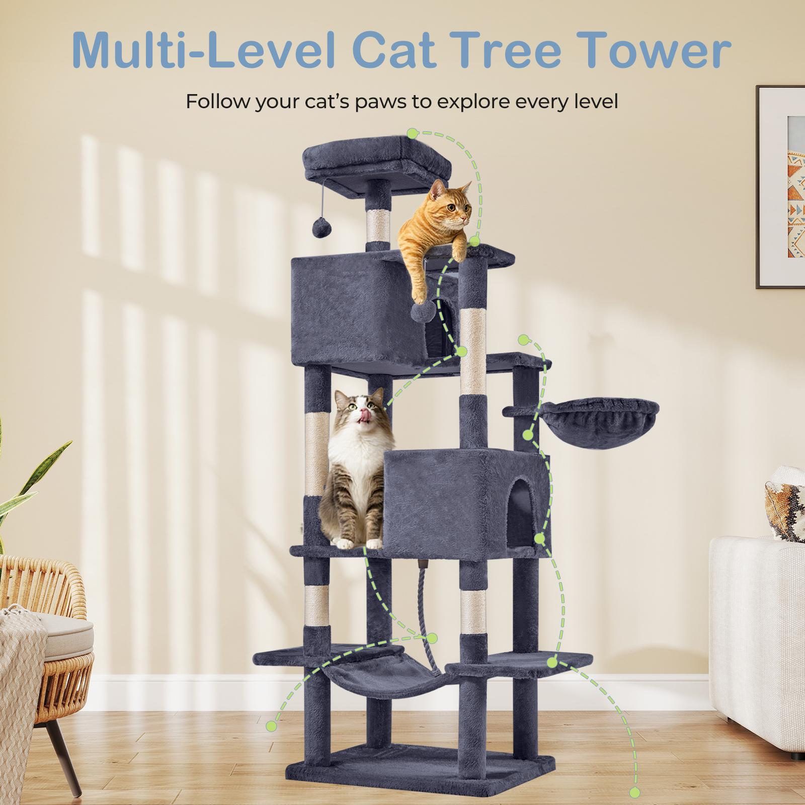 66 Inch Large Cat Tree Tower for Multiple Cats with 2 Condos 3 Perches Hammock Pompoms Extra Wide Platform Indoor Cat Activity Center
