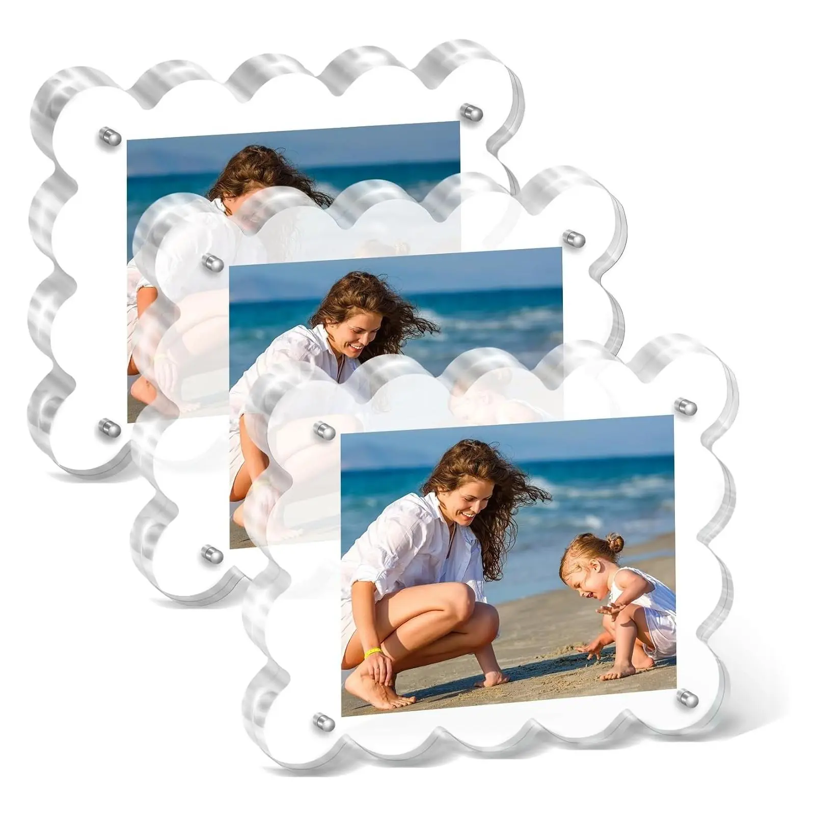 2x3 Magnetic Acrylic Picture Frames 3 Pack, Scalloped Desktop Photo Holders, 10+10mm Thick, Dual-Side Display, Holiday Gifts for Christmas, Thanksgiving, Valentine's Day and EasterGift