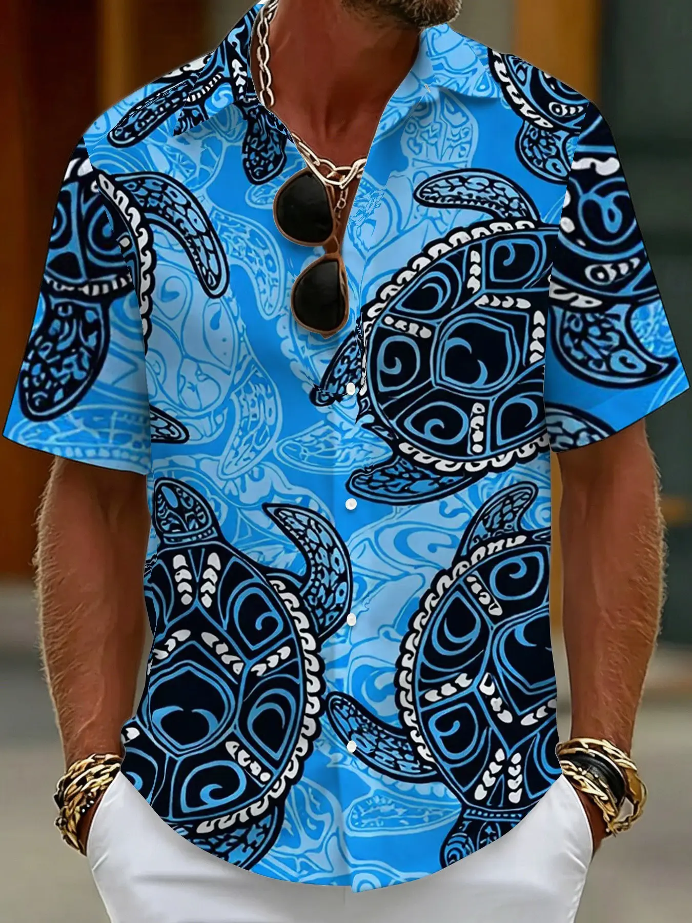 Blue Bottom Tribe Totem Turtle Print Men's Hawaiian Tropical Vacation Short Sleeve Collared Casual Printed Shirt, Menswear