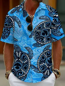 Blue Bottom Tribe Totem Turtle Print Men's Hawaiian Tropical Vacation Short Sleeve Collared Casual Shirt, Menswear