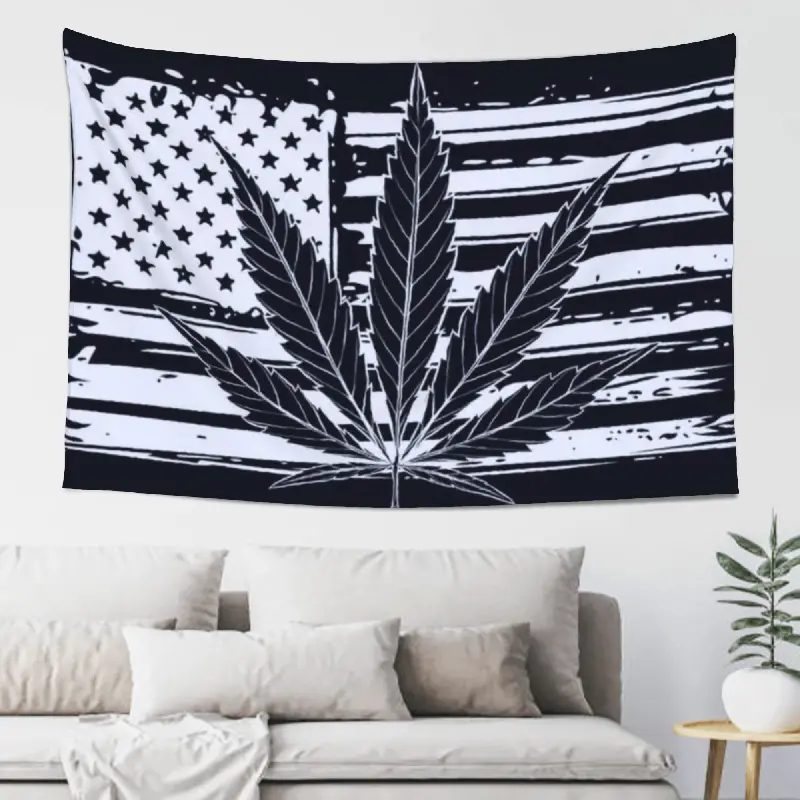 Lightweight Rectangular Cannabis Leaf Photo Tapestry - Black-White Botanical Silhouette over Distressed Stars and Stripes, Multi-Size Peach Skin Wall Decor for Bedroom, Dorm Psychedelic Hanging Art