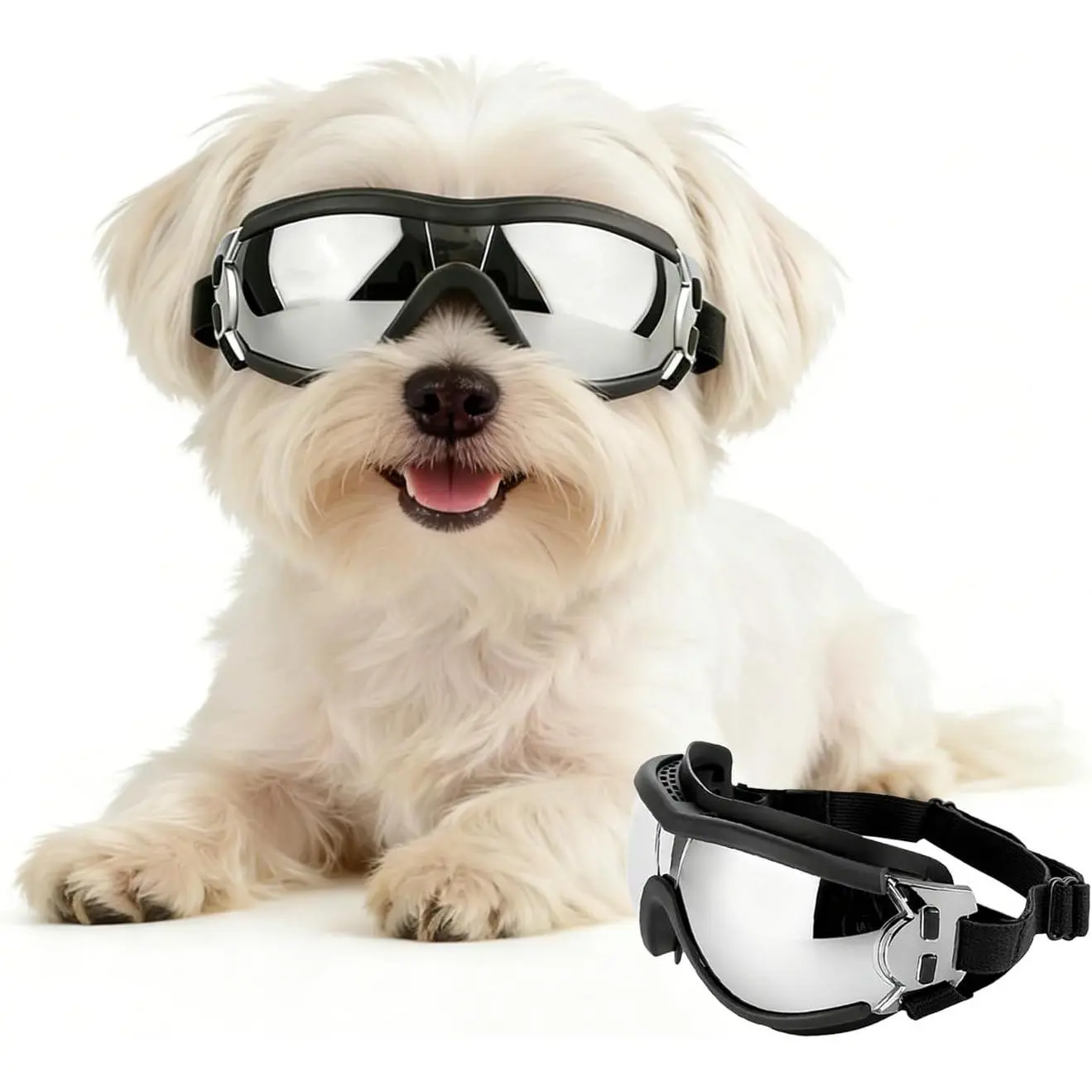 Goggles for Small Breeds, UV Protection  Sunglasses with Adjustable Straps, Windproof  Eyewear for Small , Soft Frame, Black S