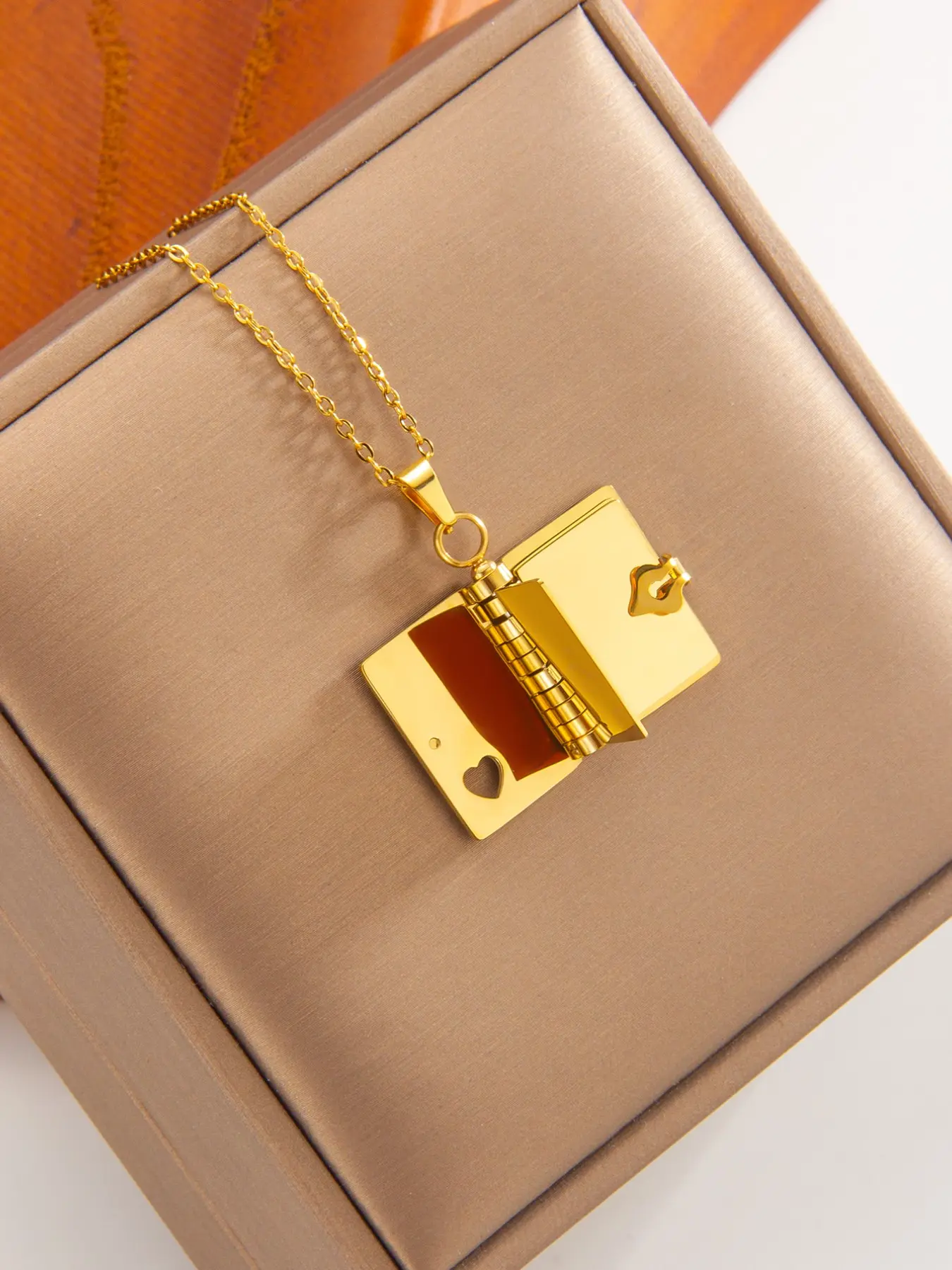 1pc Heart Lock Book Pendant Necklace, Stainless Steel, Chain Print, Elegant Style, Romantic Accessory, Daily Use, All Seasons