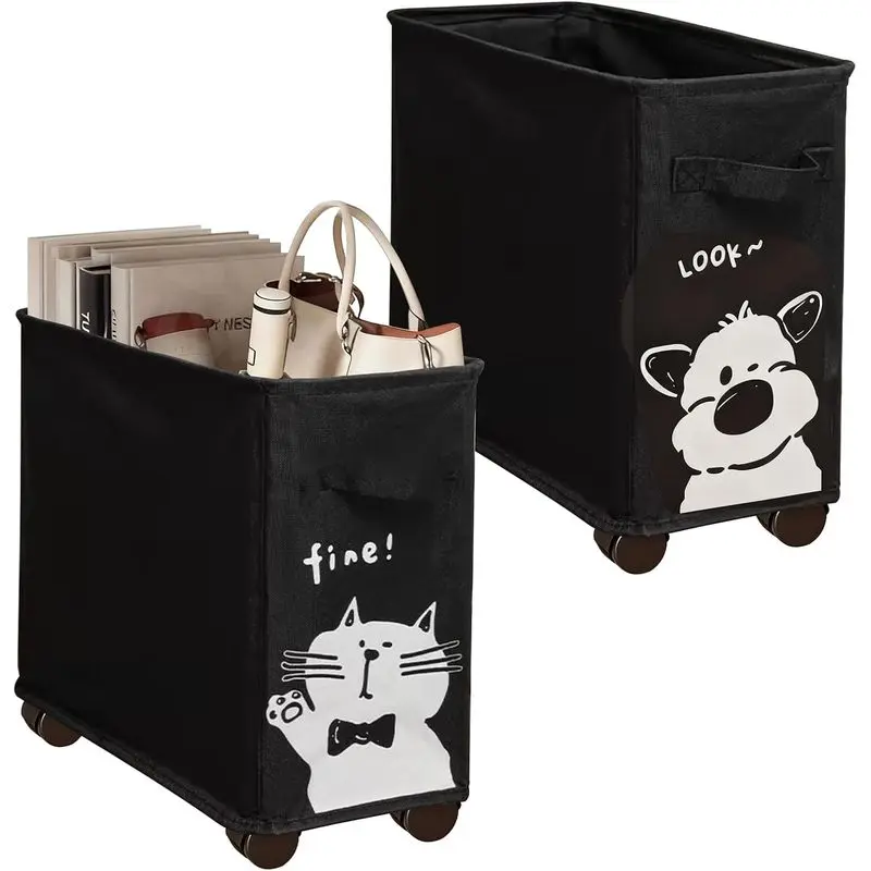 2 Pack 24L Under Desk Rolling Storage Baskets, Black Oxford Fabric UtilityCarts with Wheels for Home Office, School, Dorm and Small Spaces