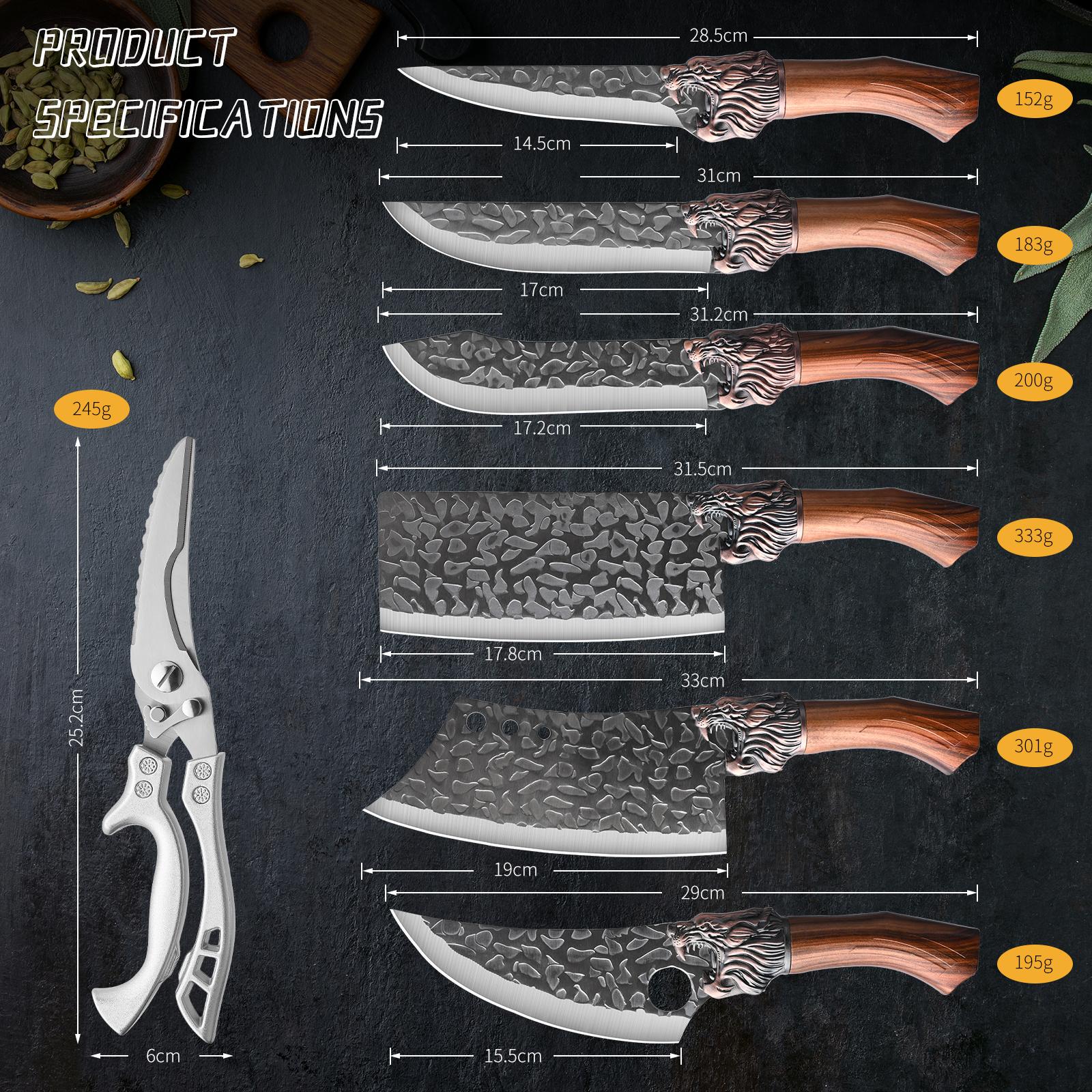 Professional Chef Knife Set - Handcrafted with Ergonomic Handle and Hammer-Finish Blade - Super Sharp Bone Cutting Knife, Butcher Knife, Fish Knife, Bread Knife, Hatchet, Kitchen Scissors - Perfect for Home Use, Mother's Gift Meat Dragon 7Pcs