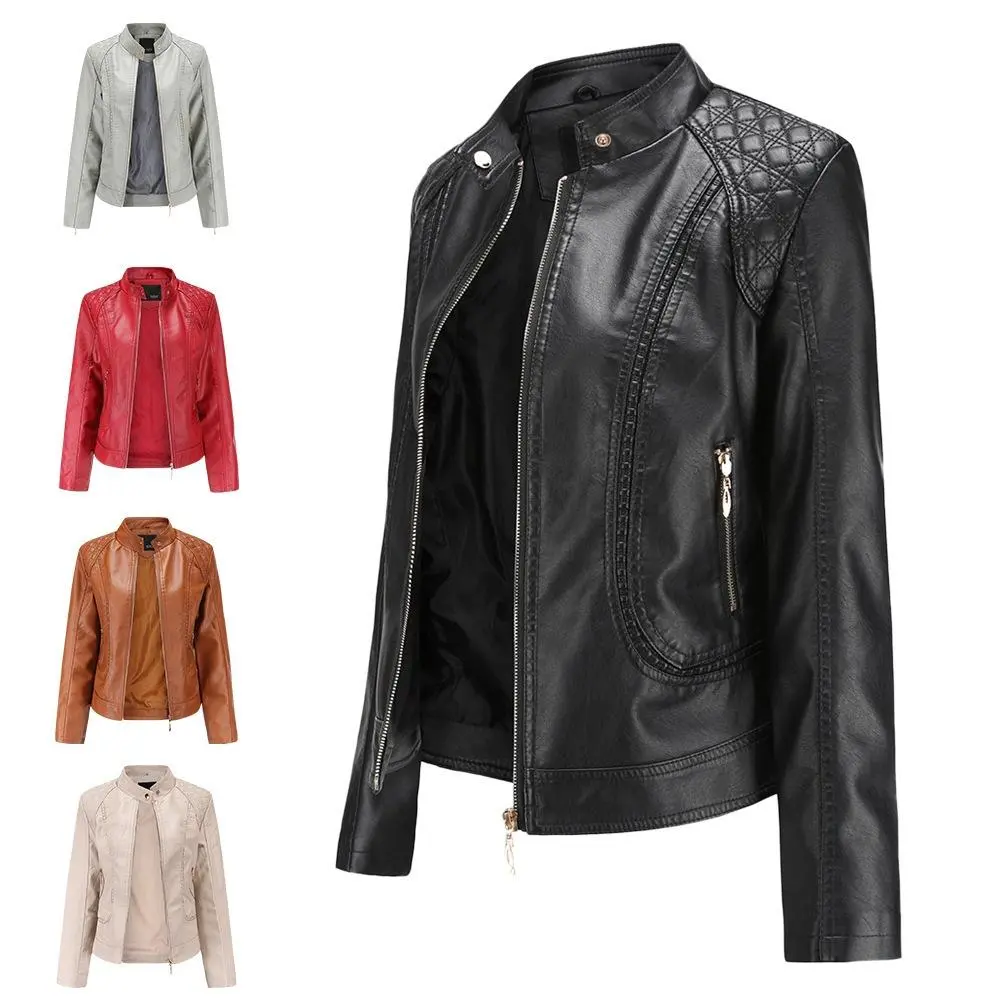 BIGWIG Women's PU Leather Biker Outerwear - Stand Collar, Long Sleeve, Fitted Slim Fit, Zipper Closure, Solid Color Tops Clothes for Spring & Autumn, Lady