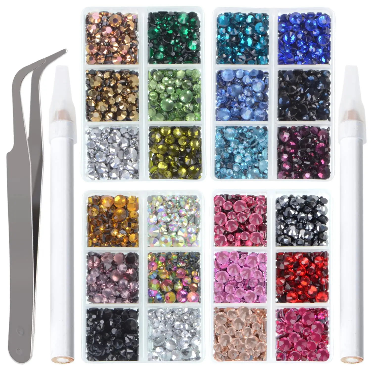 Hotfix Rhinestones Kit with 10000pcs Flatback Glass Crystals in 14 Colors and 5 Sizes Each for Nail Art, Clothes, and Crafts, Includes Tweezers & Picking Pen, 14 Colors And 5 Sizes Each Color 1