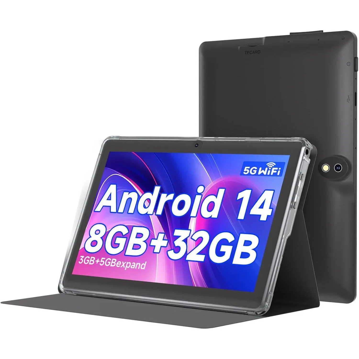 Compact Black Tablet - 7Inch Android 14.0, 8GB(3+5GB Expand) RAM+32GB ROM, 1024x600 IPS Screen, Dual Cameras, 3000mAh Battery, Bluetooth 5.0, WiFi, with Protective Case, for Sports & Outdoor Camping, Tablets