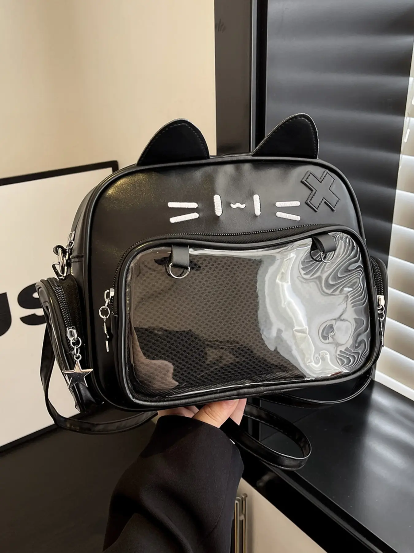 Cute Cat Pain Bag Backpack for Women, Japanese Style Soft Girl Transparent Doll Bag, Crossbody Large Capacity Student Bookbag, Anime Collectible Display Bag, Kawaii Backpack for Halloween
