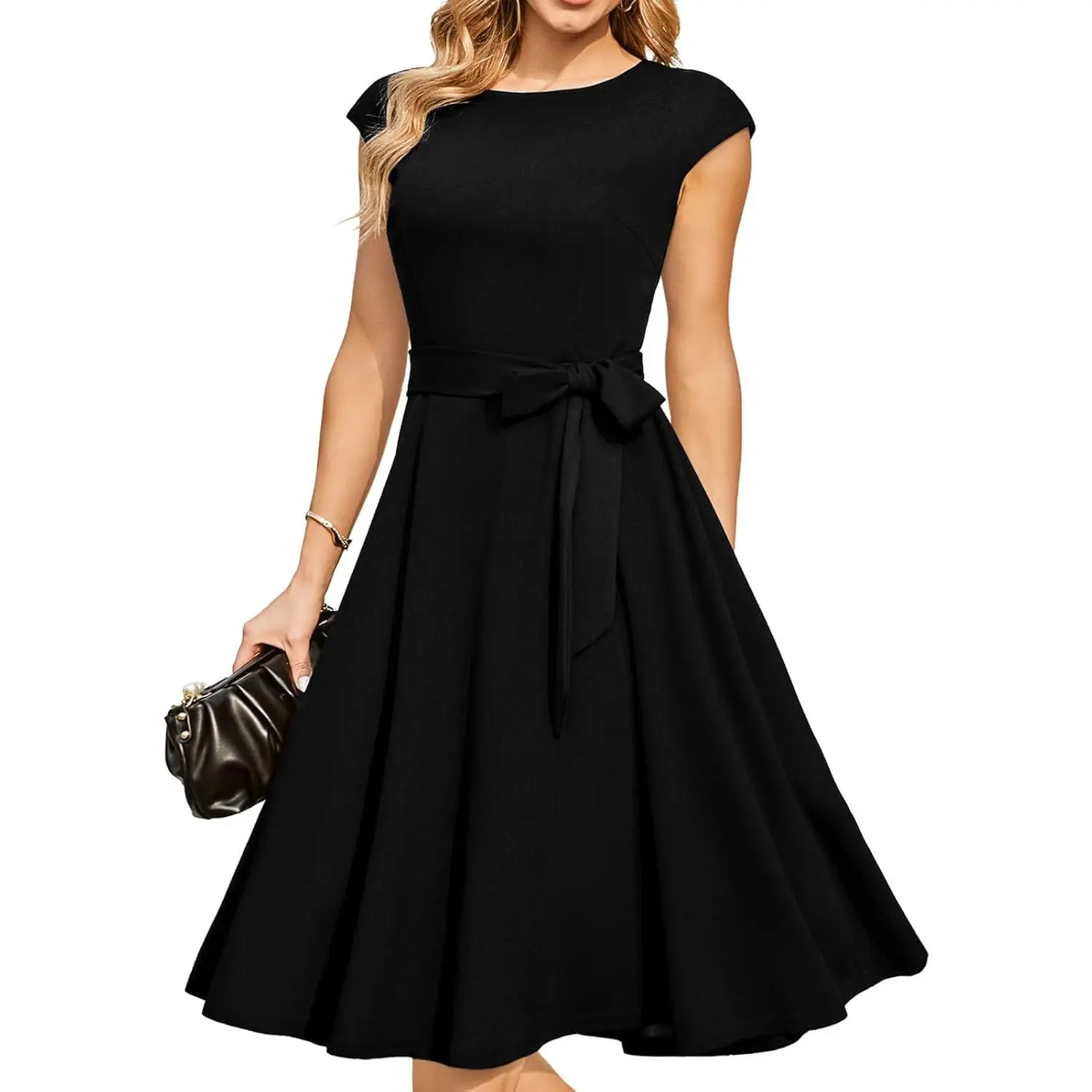 Women's Vintage 50s Cocktail Dress, Stretchy A-Line Tea Length Gown with Cap Sleeves for Semi Formal Prom & Wedding Guest, Gowns, Elegance, Flower, Baby, Birthday, Chic, Bridal, Fit, Classy