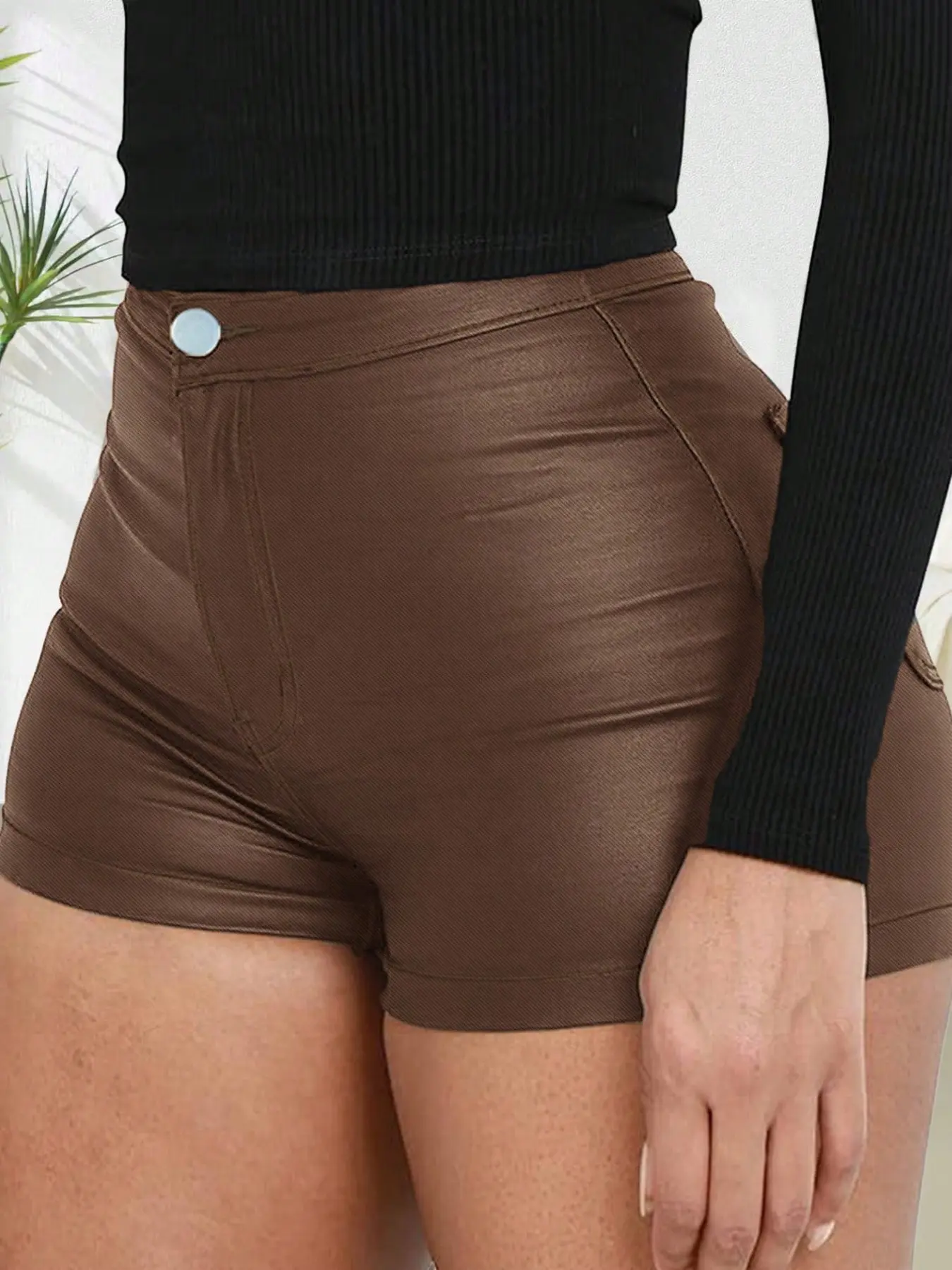 Women's Solid High Waisted Faux Leather Shorts, Stretch Slim Fit Cuffed Hem, Y2K Goth Streetwear, Club Night Out, Spring Fall, Casual