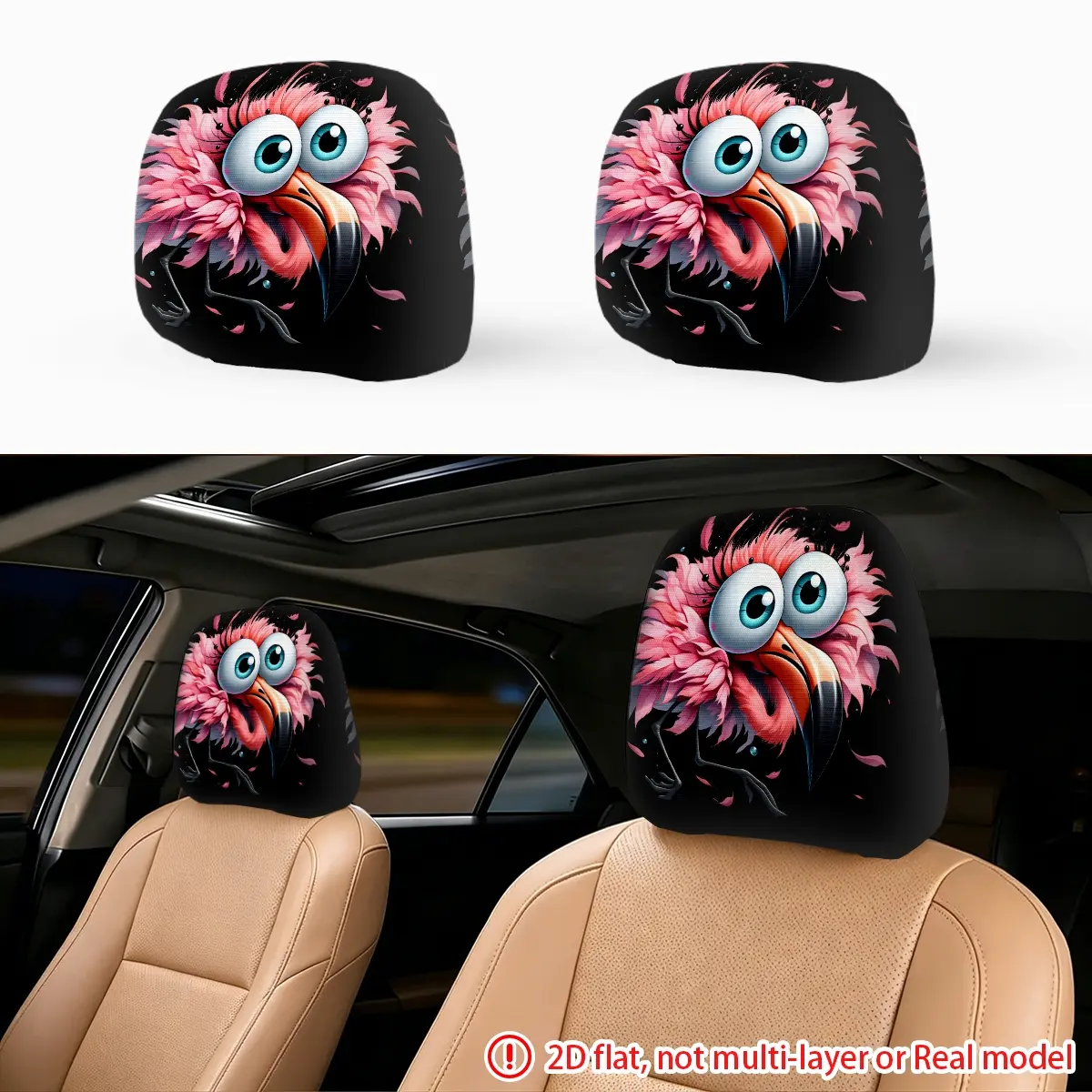 2pcs large eyed cartoon flamingo car seat pillowcase, car head pillowcase, universal and creative car decoration gift, Car Accessories