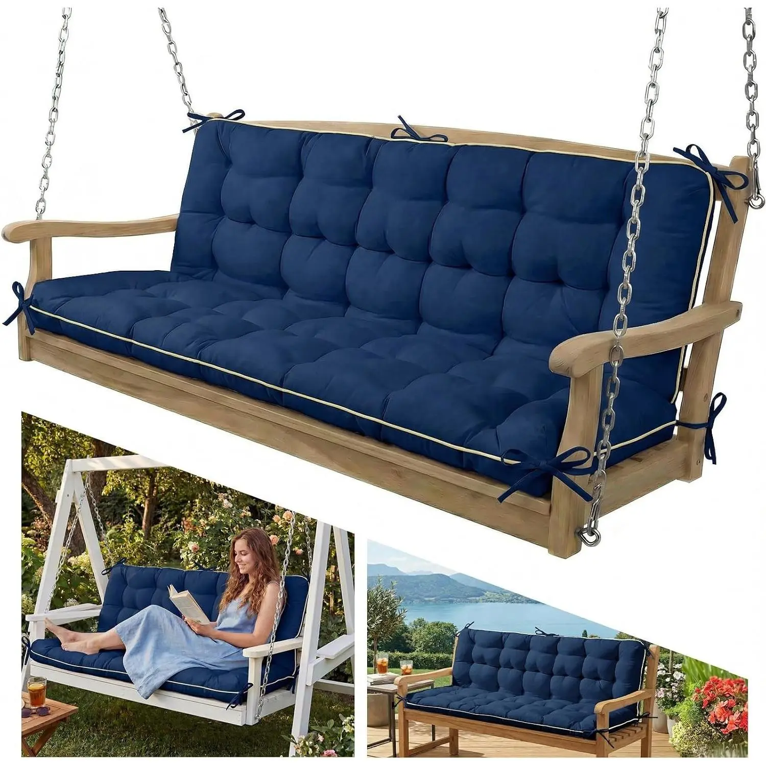 Oxford Fabric Swing Cushions with Backrest & Tie Straps for Patio Bench, Crushed Sponge Filling, Replacement for 2-3 Seater Swing ChairsGift