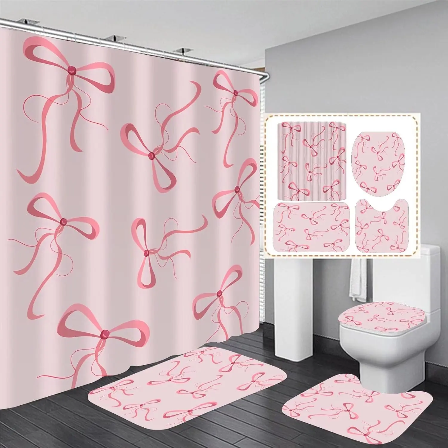 To my Daughter 4Pcs Pink Bow Shower Curtain Set Cute Bathroom Shower Curtains with 12 Hooks Bow Knot Aesthetic Bathroom Sets with Shower Curtain and Accessories