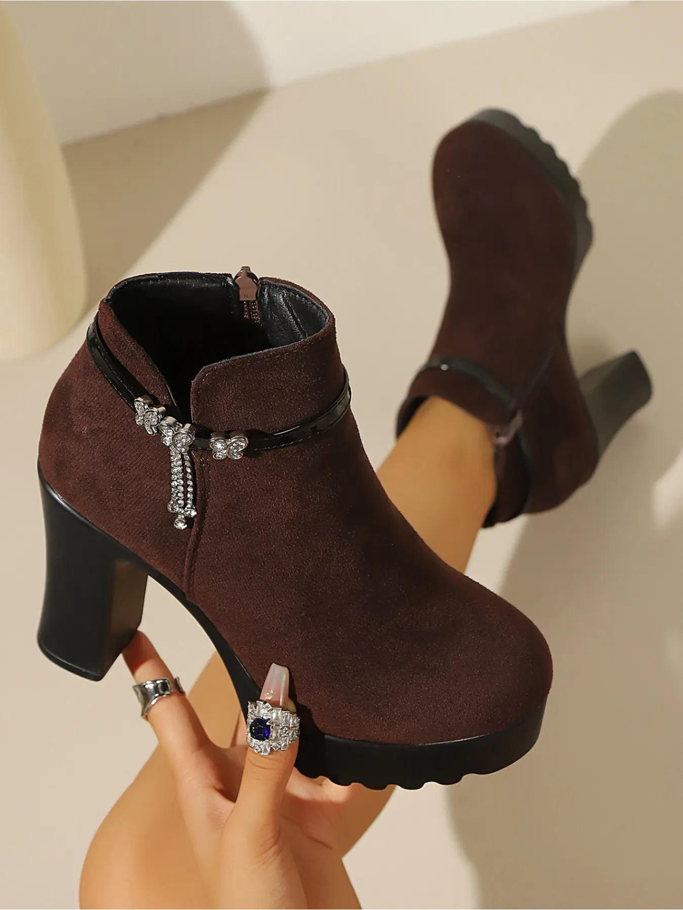 Women Black Faux Suede Platform Ankle Boots Rhinestone Butterfly Strap Chunky Block Heel Side Zipper Dress Booties For Nightclub Party Evening Outfit Rhinestone Bling Boots