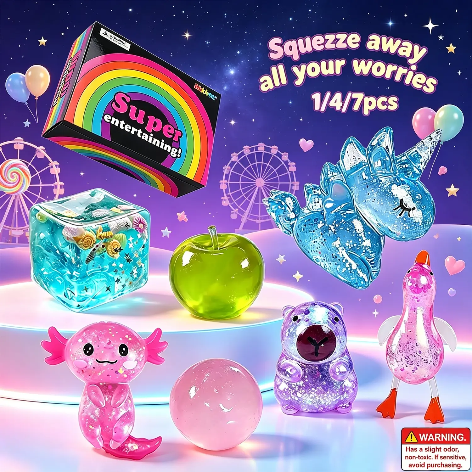 1/4/7Pcs Transparent Glitter Squishy Fidget Toy Set, Animal Squishies, Safe Soft TPR Instant Stress Relief Squeeze Toys, Cute Axolotl Unicorn Capybara Duck Apple Cube Ball Kit, Rainbow Gift Box for Kids & Adults Party Travel Decor Gifts
