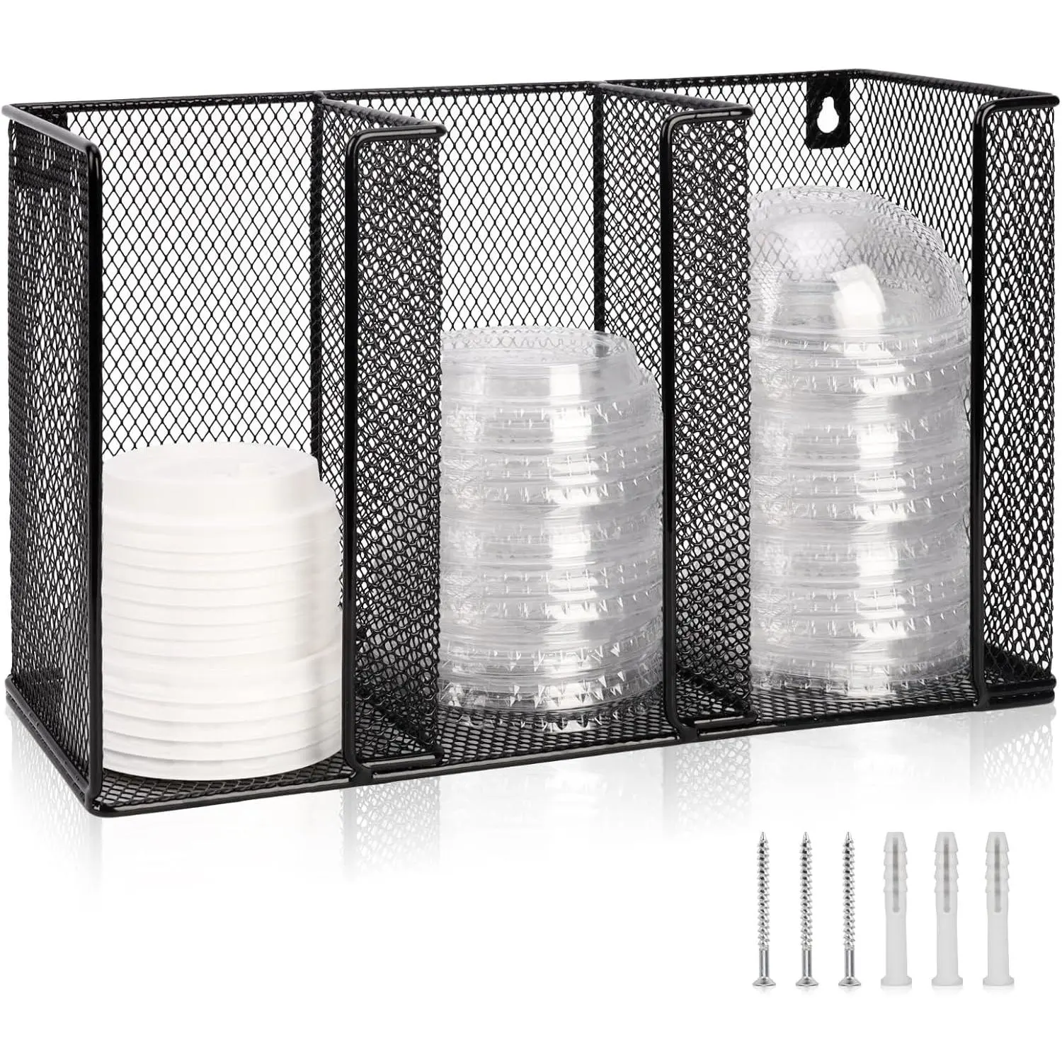 Wall Mount Coffee Cup Lid Holder Organizer 3 Compartments Coffee Cup Lid Dispenser Black Metal Mesh Disposable Cup and Lid Storage for 8-24 Oz Capacity Cup Lid Kitchen Restaurant Coffee Bar Office