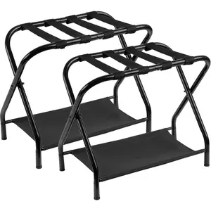 Luggage Rack for Guest Room, Pack of 2, Steel Folding Suitcase Stand with Storage Shelf for Bedroom, Hotel, Foldable Steel Frame, 26.2" L x 14.4" W x 20.5" H, Black HLR004B2