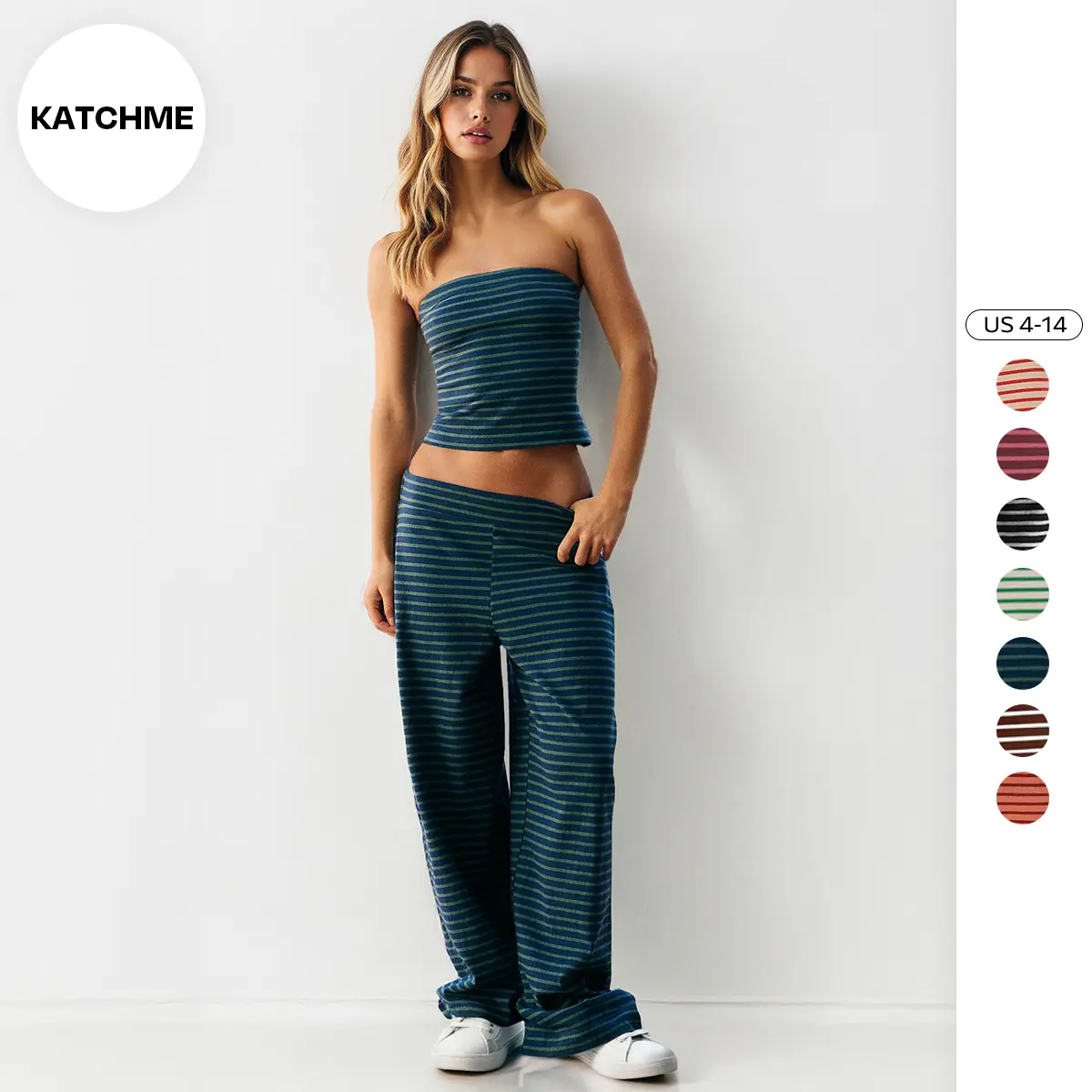 KatchMe Women's Bold Color Matching Stripe Slim Tube Top & Low-Rise Wide Leg Trousers Co-ord, Spring & Summer Holiday Outfits, Chic Two Piece Outfits（2）