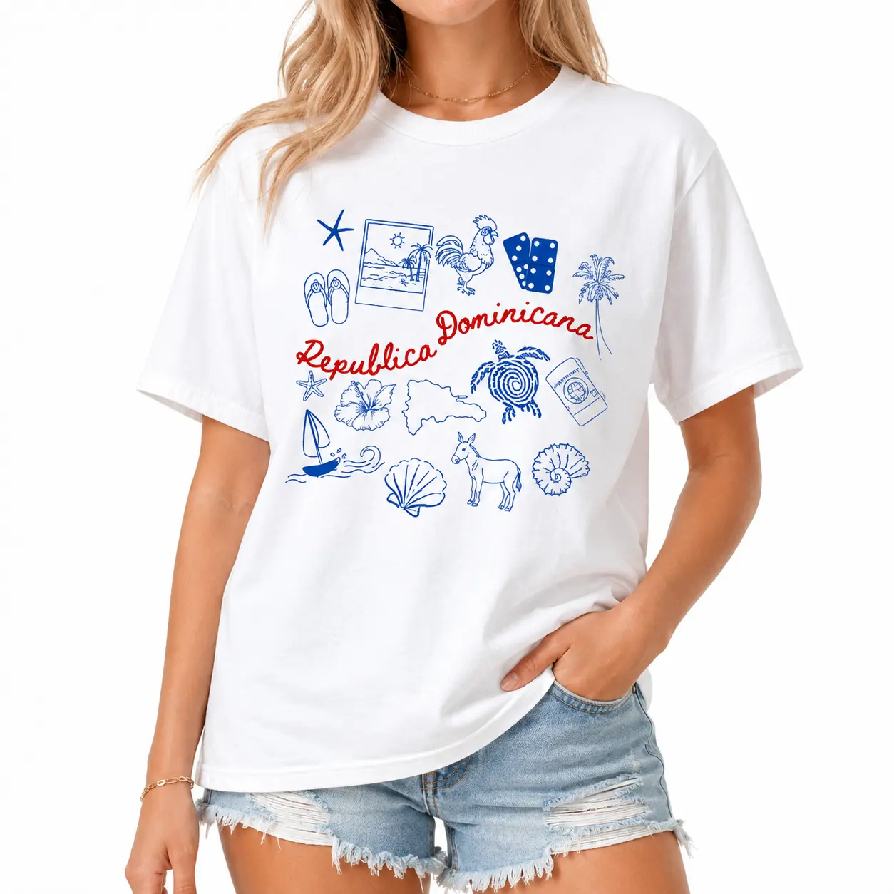 Women's 100% Cotton Short-Sleeve Crew Neck T-Shirt, White Tropical Sea & Dominican Republic Island Line-Doodle Graphic Top for Summer Vacation Casual Wear
