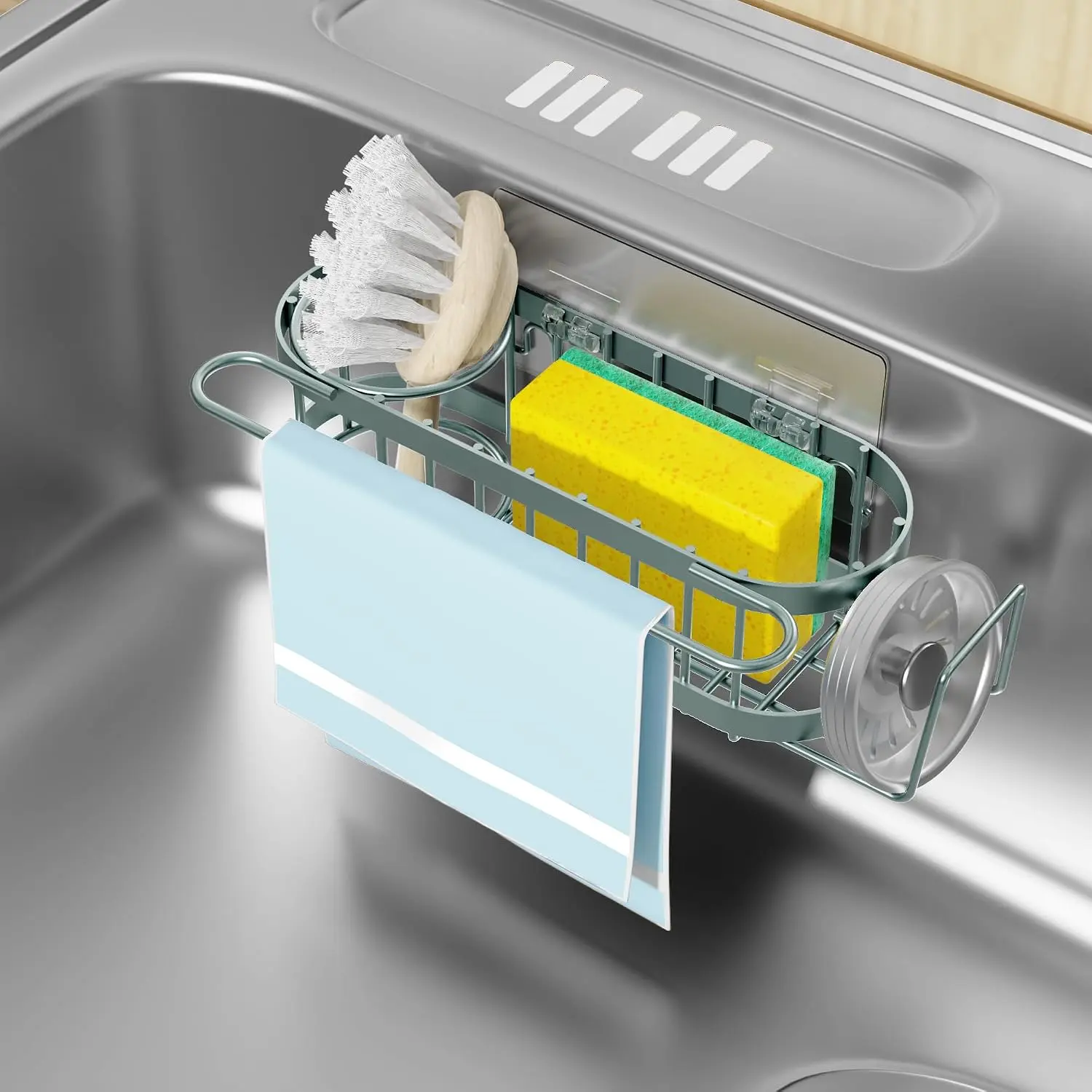 Kitchen Sink  Sponge Holder in The Sink, Stainless Steel Kitchen Sink Organizer, Brush Holder, Dish Cloth Hanger, Sink Stopper Holder (Suction cup-Sage Green)