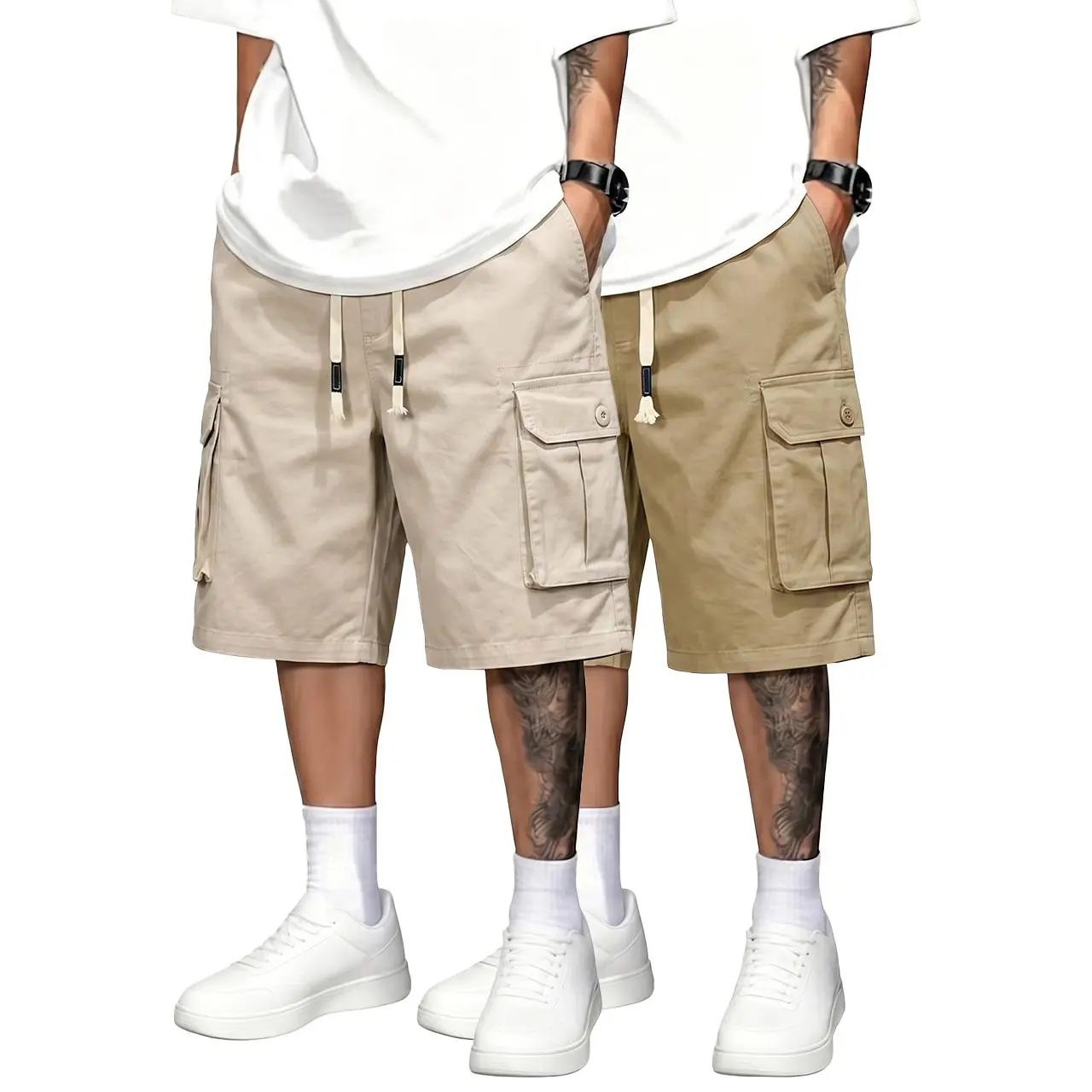 Men’s 2-Pack Black+Grey Loose Fit Casual Drawstring Cargo Shorts - Menswear with Pockets for Daily Casual Trips, Holiday Outdoor Activities, Casual Drawstring Shorts