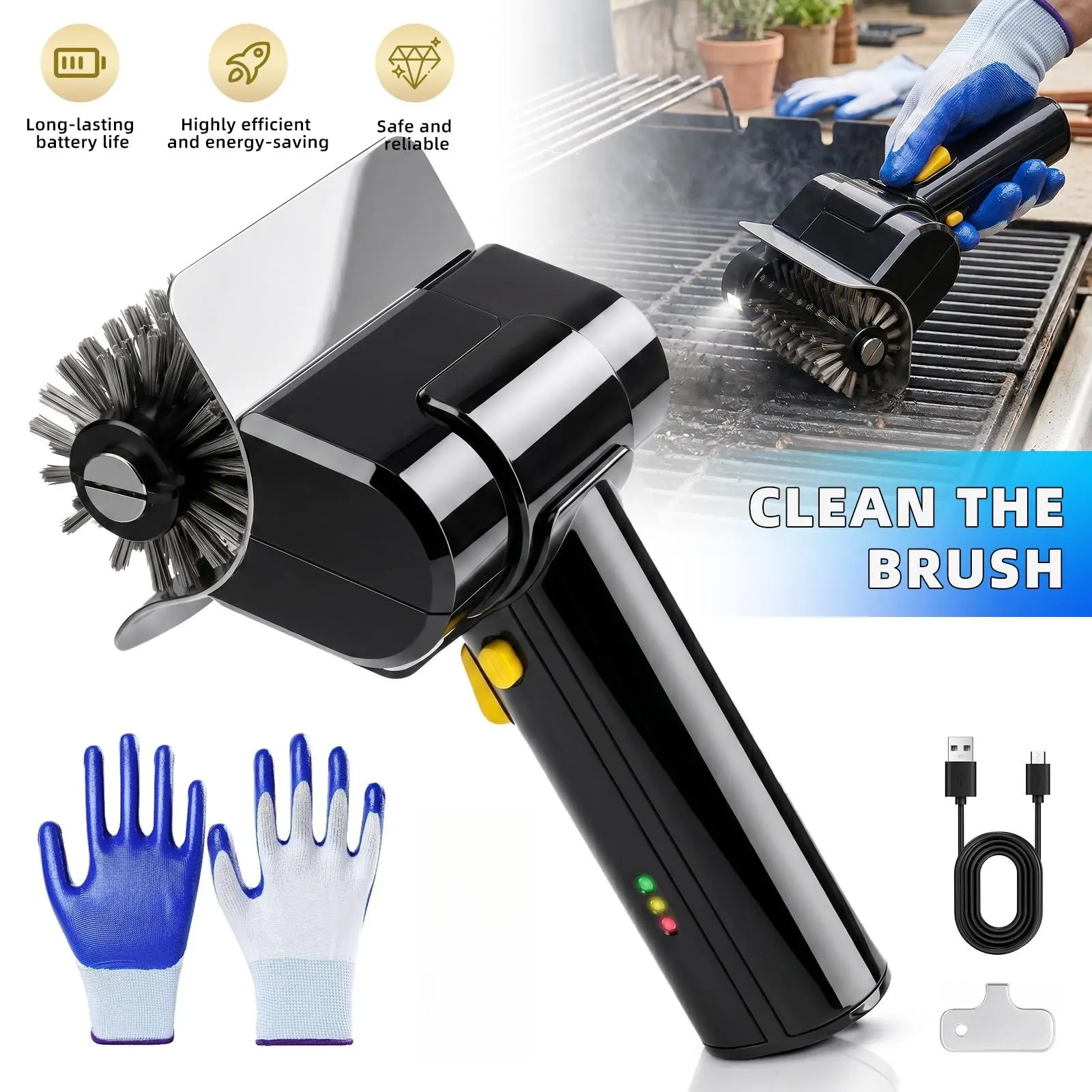 Cordless Electric Grill Brush, Rechargeable BBQ Grill Cleaner with 304 Stainless Steel Rotary Brush Head, Automatic Grill Cleaning Tool for Outdoor Cooking
