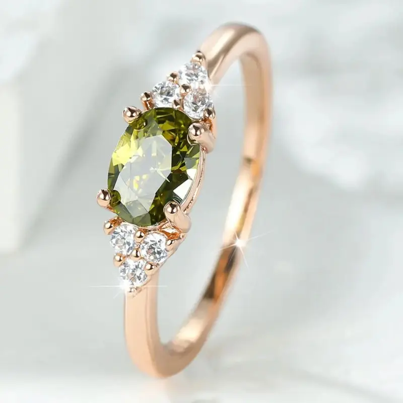 Women's Dainty Rose Gold Peridot Birthstone Gem Ring - 4-Prong Cubic Zirconia Setting, Micro Pave Detail, Minimalist Stackable Band, Sizes 6-10, Elegant Costume Jewelry Engagement Gift