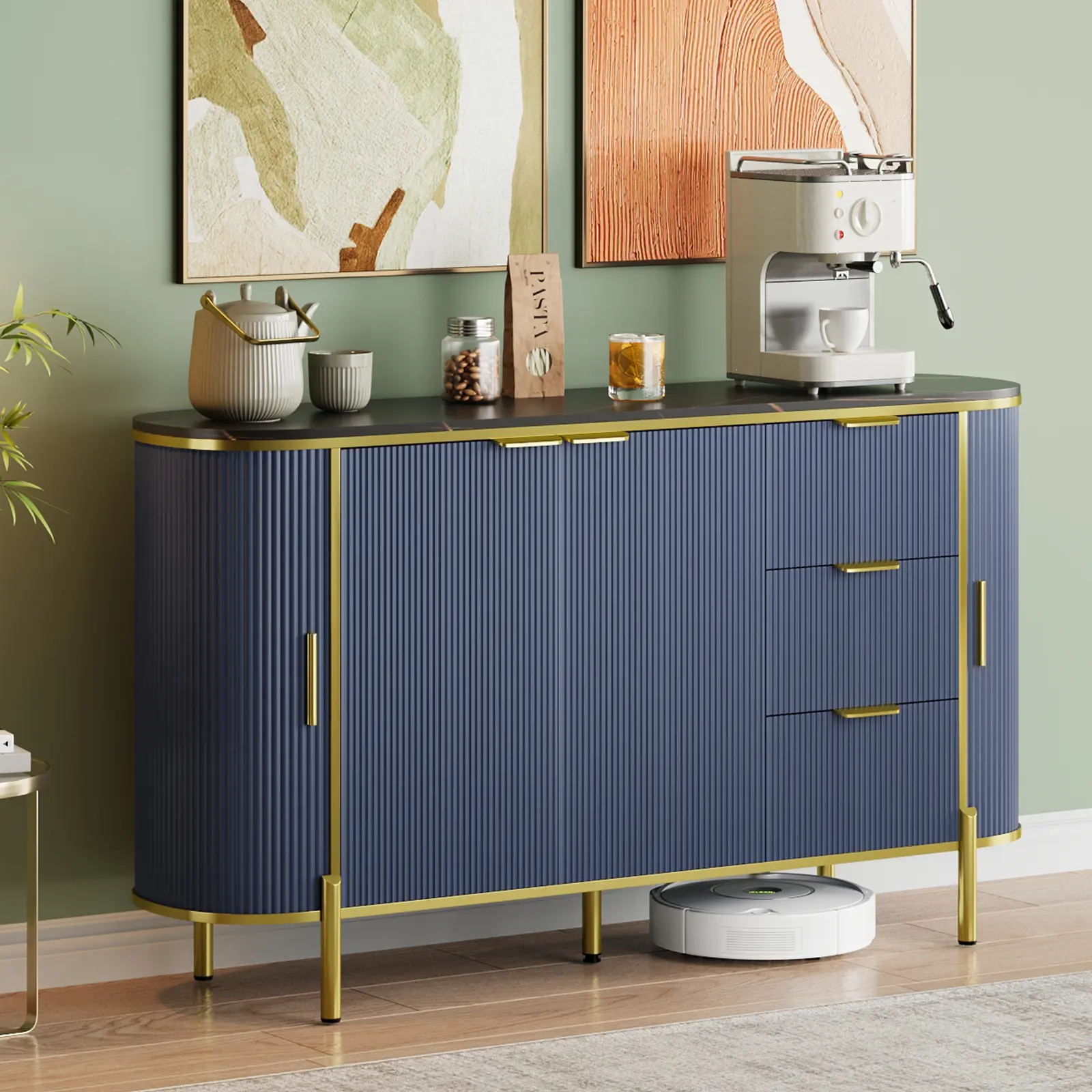 Modern Fluted Buffet Cabinet Sideboard, 59 In Oval Wood Console Cabinet with 3 Drawers & Adjustable Shelf, Compact Accent Furniture for Kitchen Dining Room Entryway