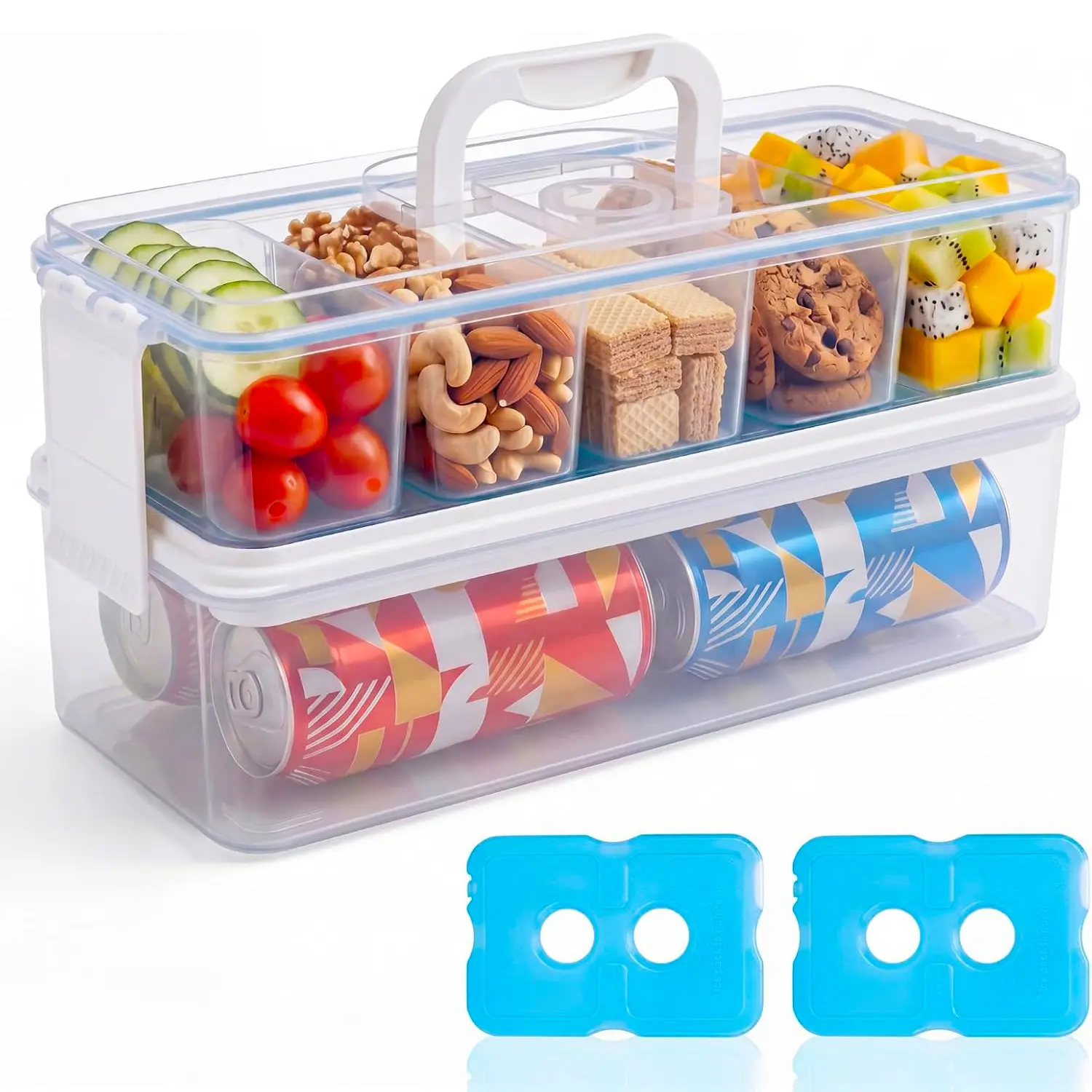 Snackle Box Container with 2 Plastic Ice Packs, Divided Serving Tray with Lid & Handle, Double-layer Tray and 5-Compartment Snack Platter for Fruits, Candy & Nuts–Portable for Beach, Road Trip, Picnic, Boat Days, Ball Games, Pool and Parties