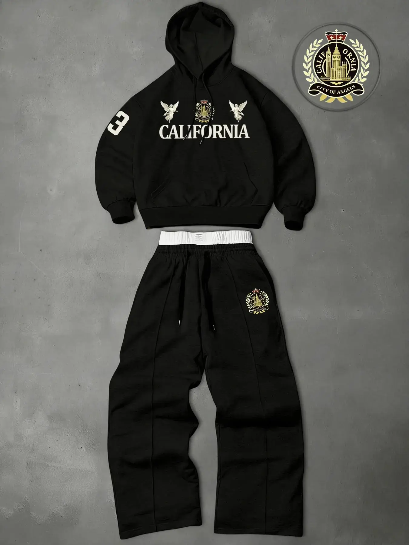 California Style Casual Sweatshirt Set, Hooded Sweatshirt + Wide Leg Pants, Angel Badge Print, Loose Fit, American Retro Streetwear