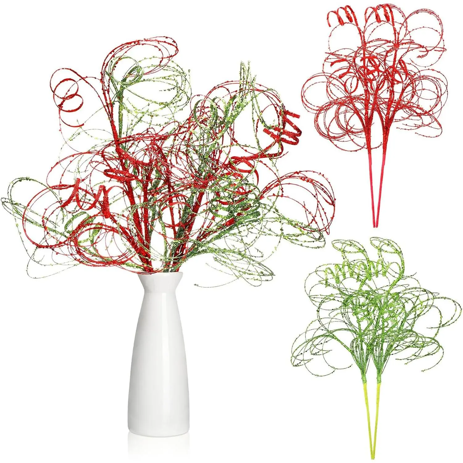 4 count Red and Green Glitter Christmas Picks 20" Curly Branches Stem | Decorative Glittery Stick, Artificial Glitter, for Christmas Tree Wreath, Craft,  Garden Vase Filler Decor