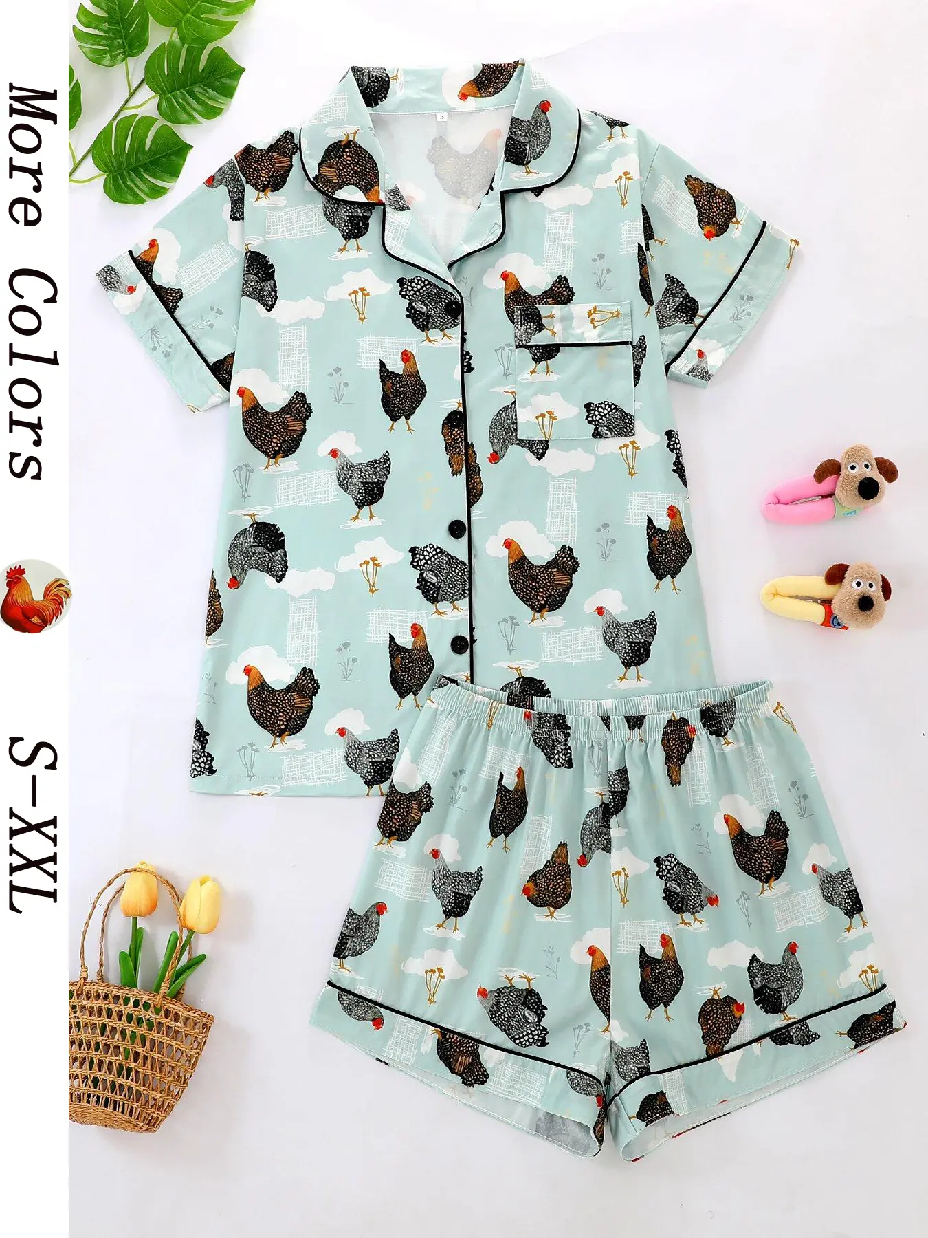 Women's Summer Cool Short Sleeve Sleepwear Pajama Set, Loungewear Pjs Set, 2 Piece Button Front Top and Elastic Shorts, Cartoon Animal Chicken Print, All Seasons Comfortable Fit
