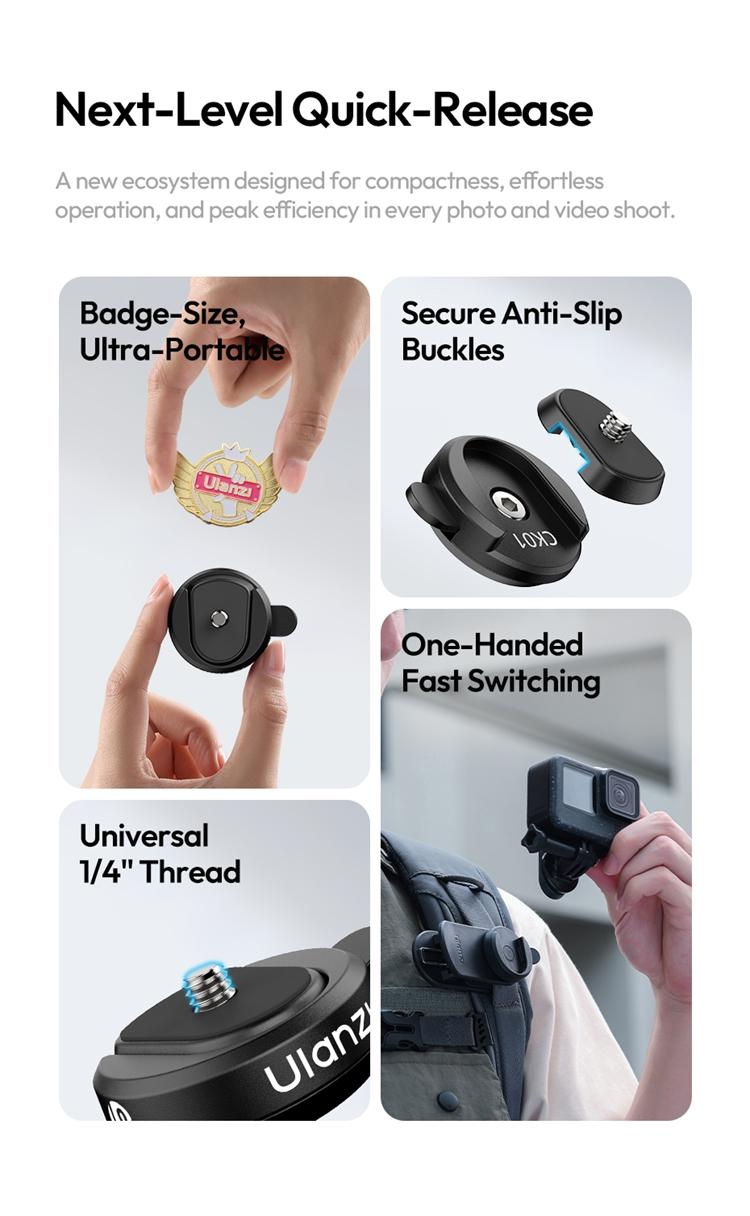ULANZI CK02 Cka Quick Release Camera Backpack Mount Clip,CK01 Magnetic Mount Stand for DJI Osmo Pocket 4/3 Accessories, with Standard 1/4" Thread for Action Cameras Pocket 3 Expansion Adapter