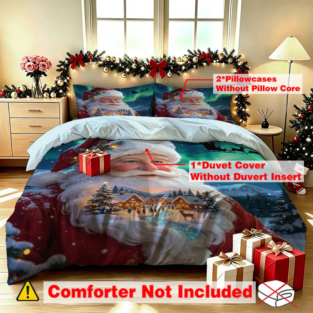 3-piece Christmas snow scene Santa Claus-themed bedding set (one bedspread, two pillowcases), unstuffed, suitable for single beds and double beds, ideal for bedrooms, student dormitories, and e-sports hotels, and perfect for gift-giving