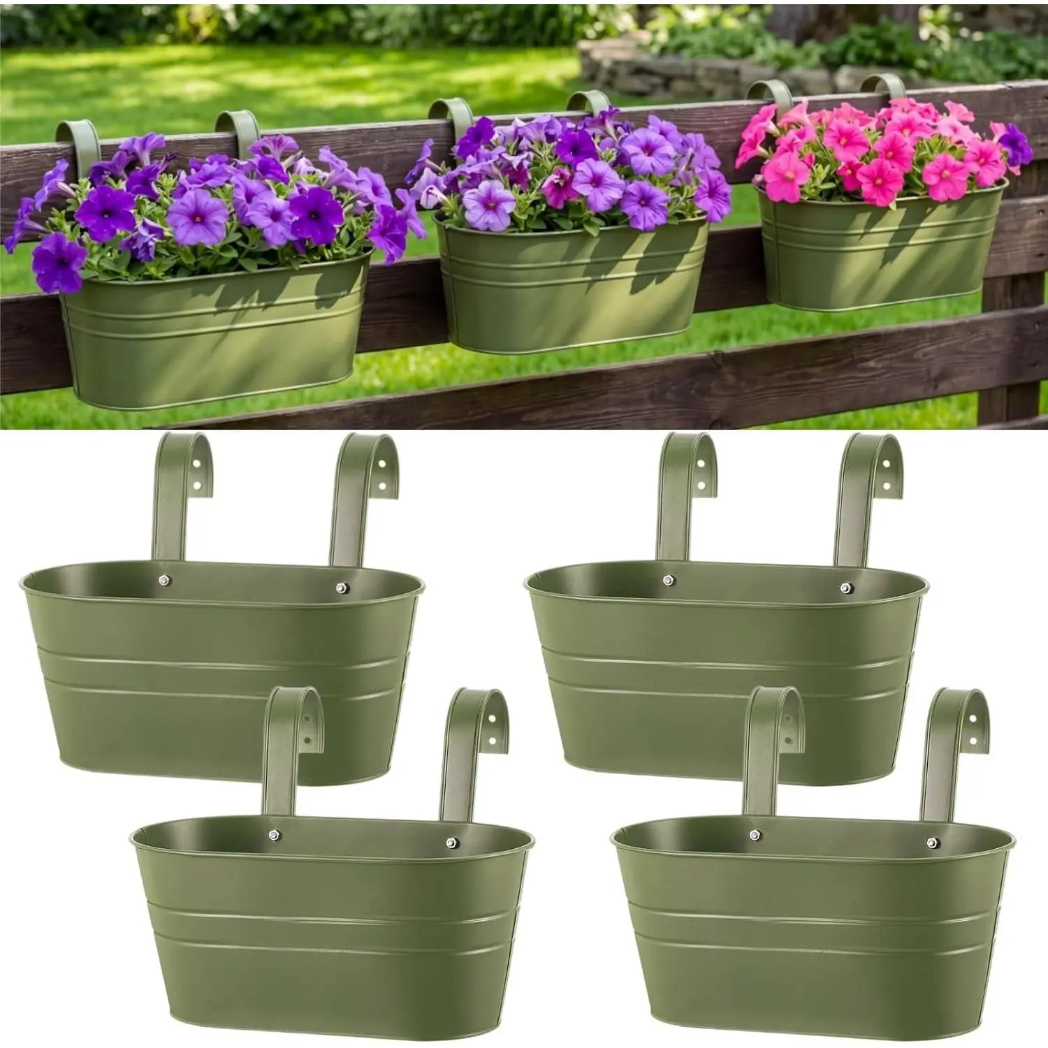 Metal Hanging Flower Pots for Railing Fence, Large Hanging Rail Planters for Outdoor Window Balcony Plants Holder with Hooks for Garden Yard Home Decor(Green,4 Pcs)