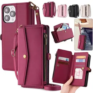 Flip Stand Leather Wallet Phone Case with Card Slots & Zipper Pocket, Wrist Strap Protective Cover for iPhone 11-17 Pro Max Series