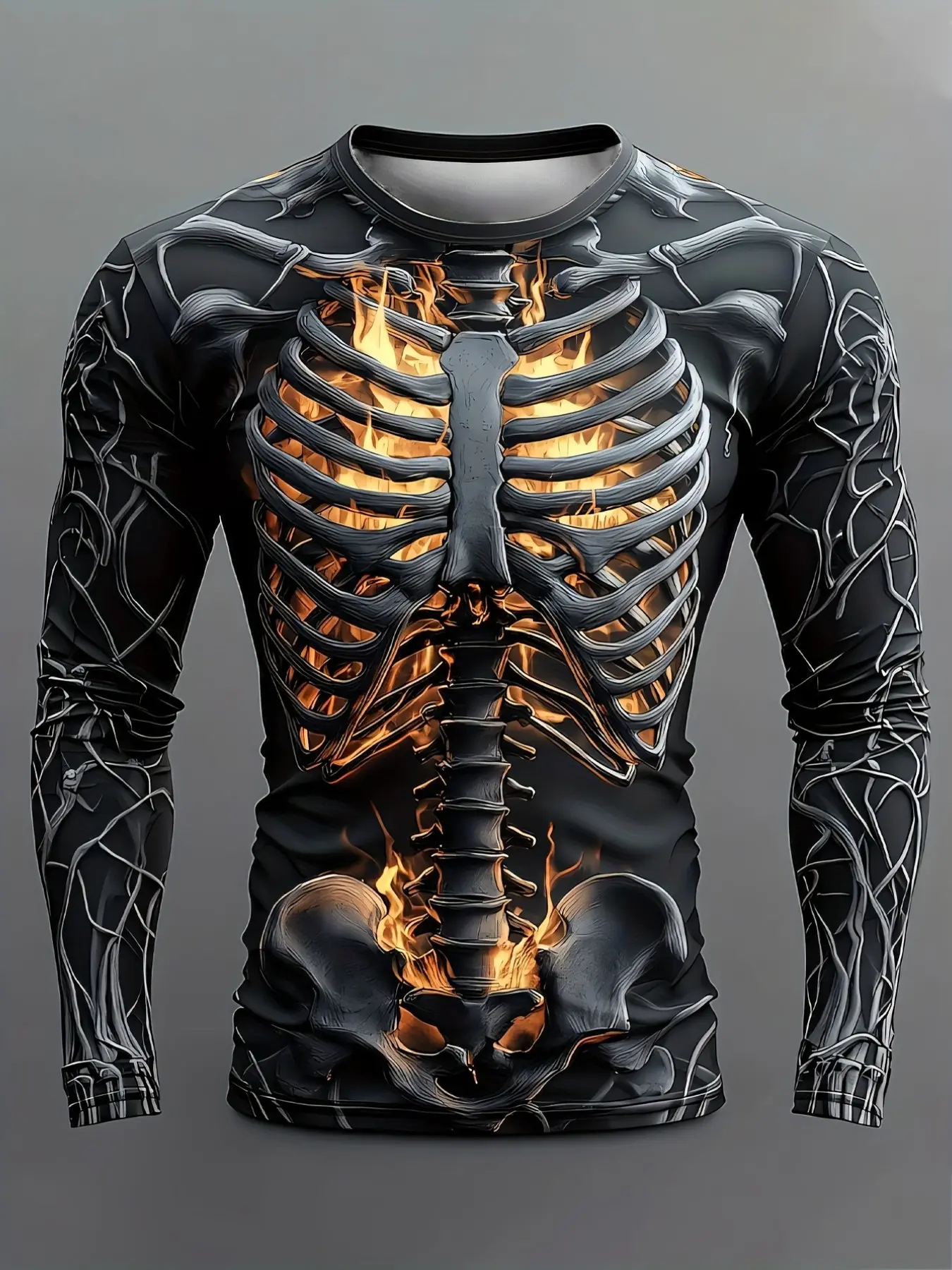 Halloween Flame Skeleton Chest Men’s Long Sleeve T-Shirt Dark Skeleton Print with Fiery Chest and Spine Effect and Visual Impact Ideal for October Fest and Street Style