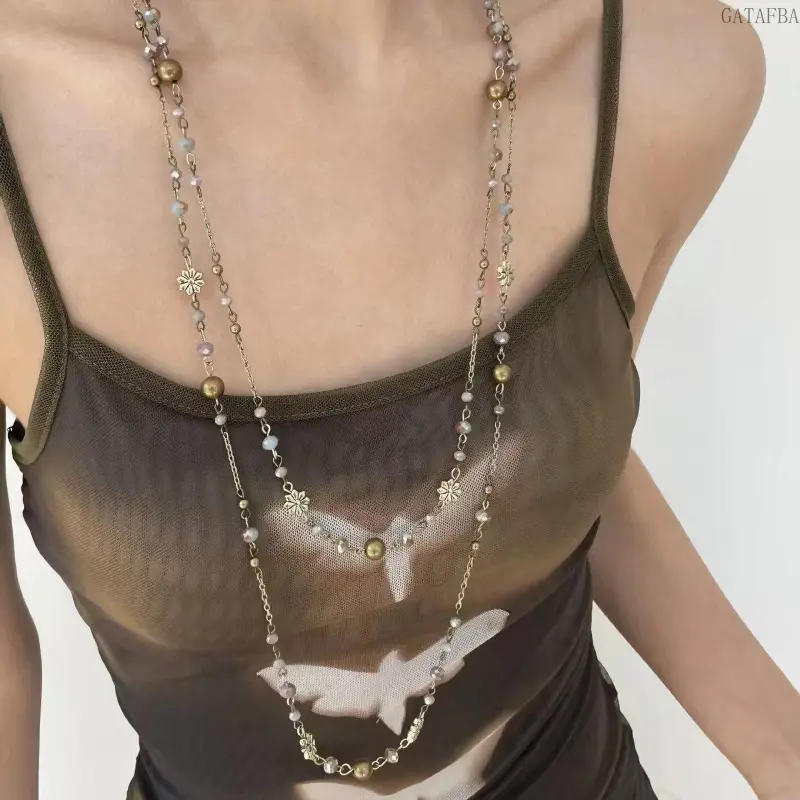 Beaded Necklace Y2K Vintage Grunge Bohemian Ethnic Flower Double Layer Long Distressed Colorful Stackable Neck Jewelry Unique Retro Statement Necklaces for Daily Party Festival Wear,back to school,back to school haul