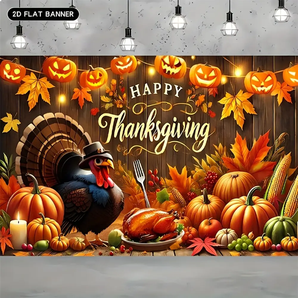 2D Flat HD Digitally Printed Polyester Photography Backdrop - Thanksgiving Holiday Theme with Turkey, Pumpkins, Fall Leaves, Soft Lightweight Foldable Cloth for Party Decor, Photo Shoots