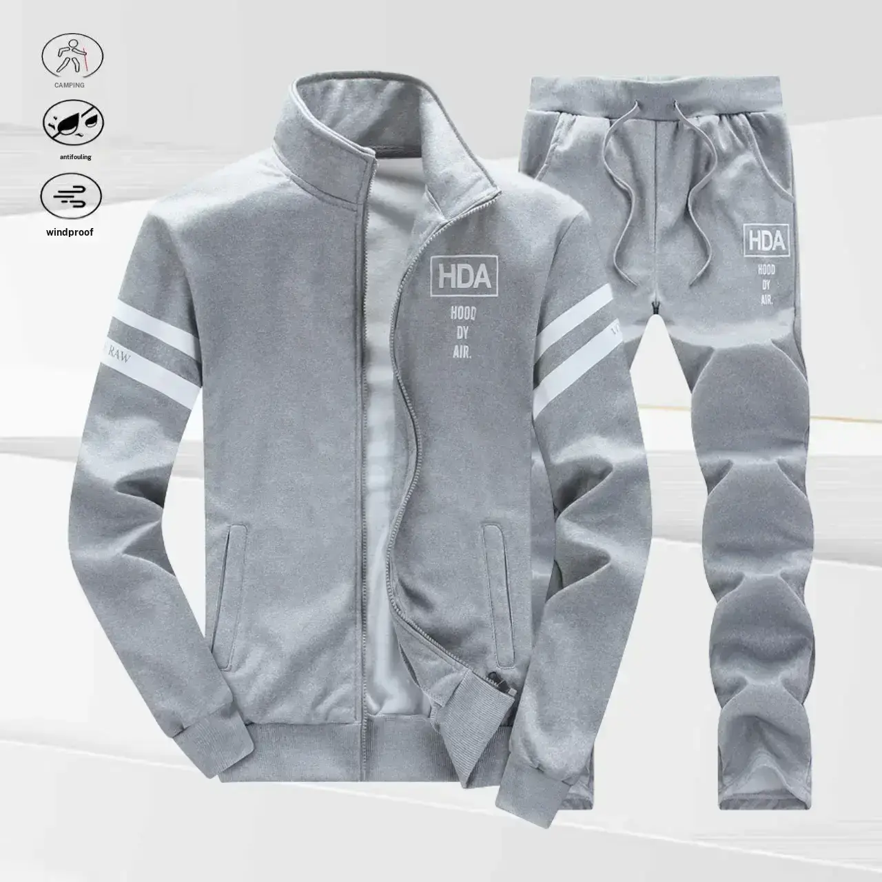Men's Casual 2-Piece Set - Fitted Mock Neck Longsleeves Top with Striped Sleeves and Graphic Print, Paired with Logo Pants, Normal Type, Chest Print, Menswear Set, Plain, Clothes, Long Sleeve
