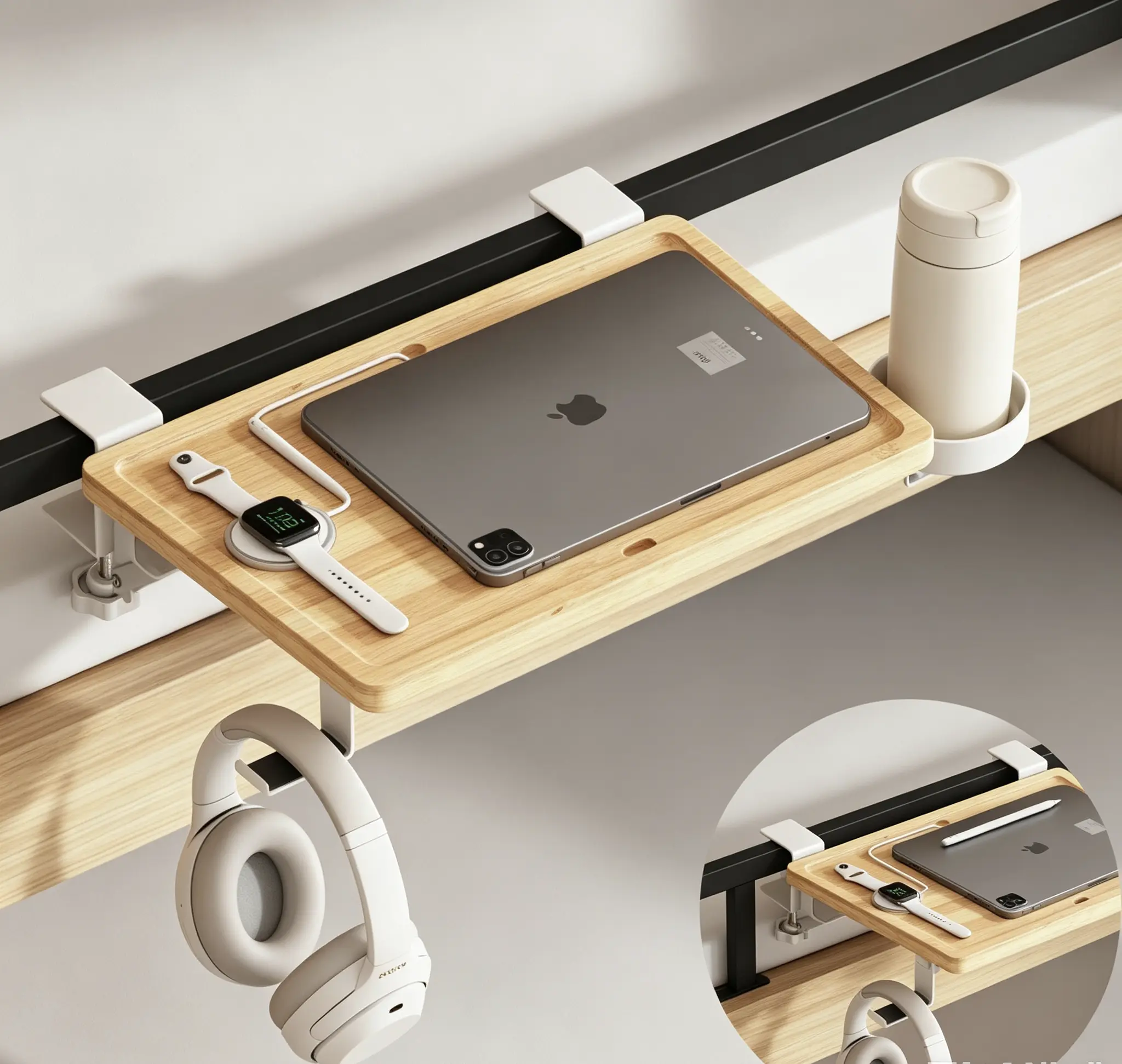 Back to School Clip-On Foldable Bamboo Bedside Shelf No Drill Bed Side Tray with Cup Holder & Headphone Hooks for Dorm Bunk Beds College Students & Apartment Renters dormessentials home