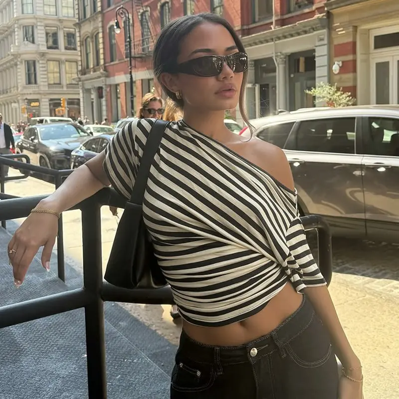 Women's Vintage Striped One Shoulder Top Y2K Asymmetrical Short Sleeve T-Shirt Slim Fit Ruched Off Shoulder Tee Casual Retro Streetwear Fall Fashion Trendy Slouchy Blouse Going Out Clubwear Tops