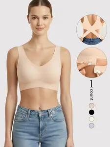 Women's Side Buckle Seamless Bra, Wire-Free Backless Push-Up Bra, Cross Back Full Coverage Bra, Comfortable Everyday Lingerie