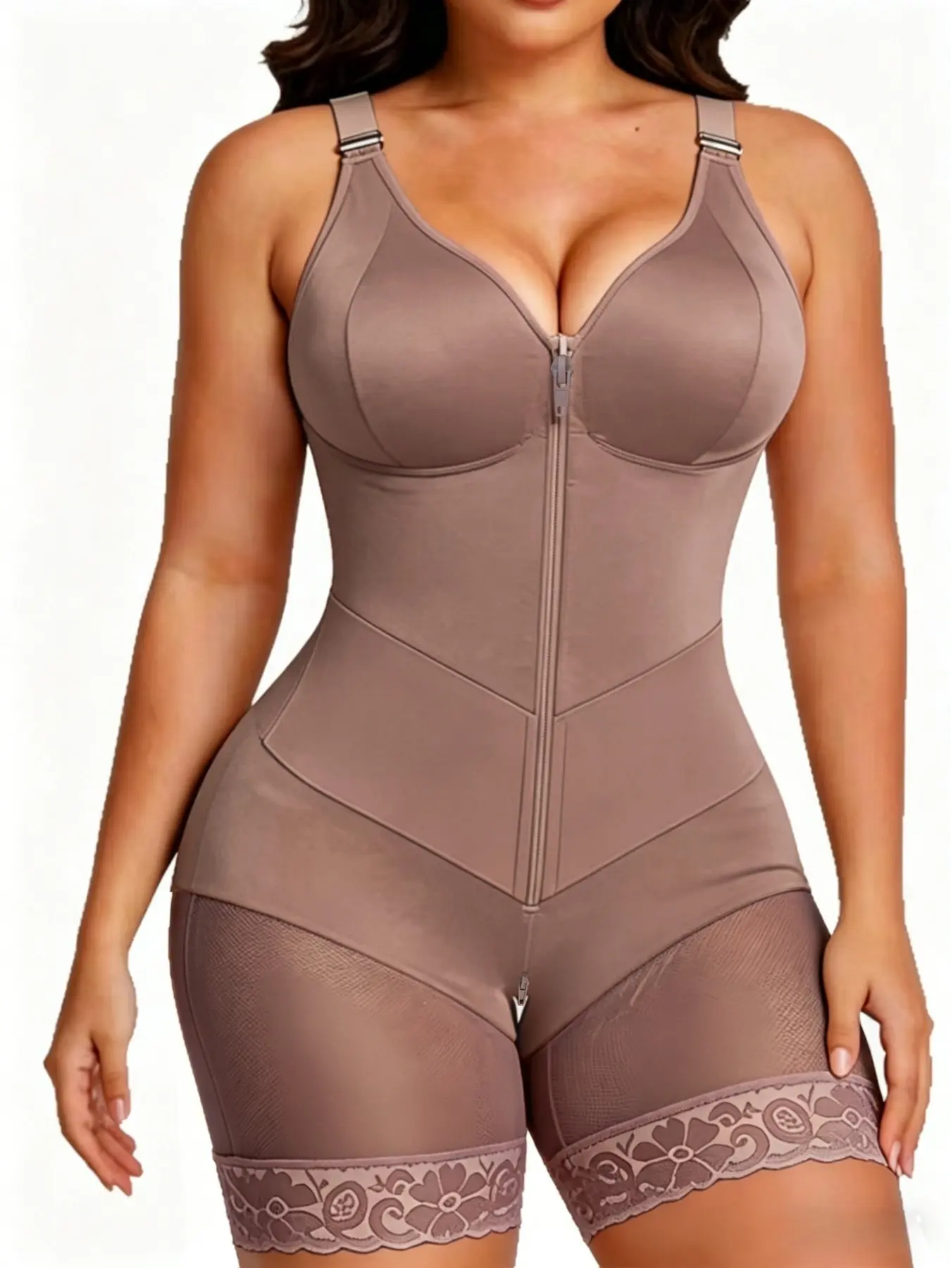 1 Count Women's Lace Trim Body Shaper, Colombian Shapewear, Fajas, Zipper Body Shaperwear, Adjustable Shoulder Strap Shapewear Bodysuit, Zipper Closure Jumpsuit, Breathable Bodysuit, Butt Lifting & Tummy Control Shapewear, Perfect For All Occasions