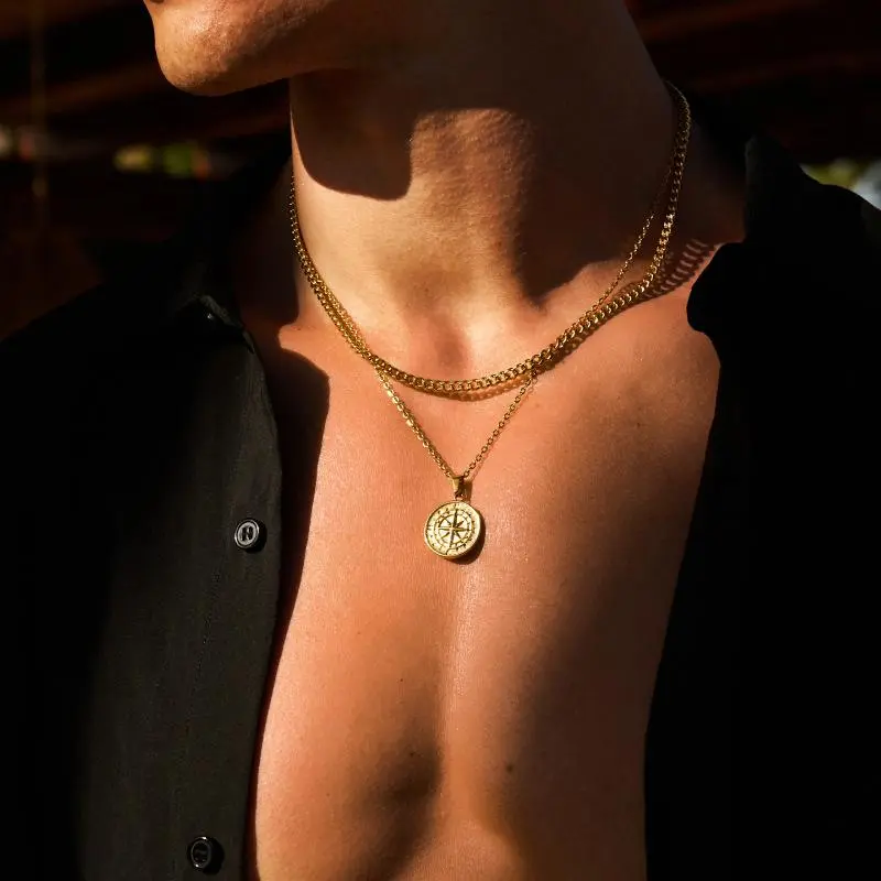 Layered Stainless Steel Compass Pendant Necklace Coin Compass With Cuban Chain Men's Hip-hop Necklace