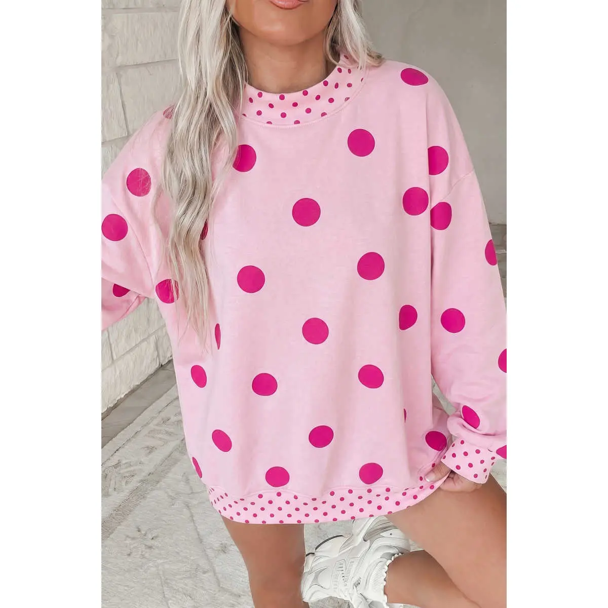 Pink Polka Dot Print Contrast Detail Oversized Tunic Sweatshirt