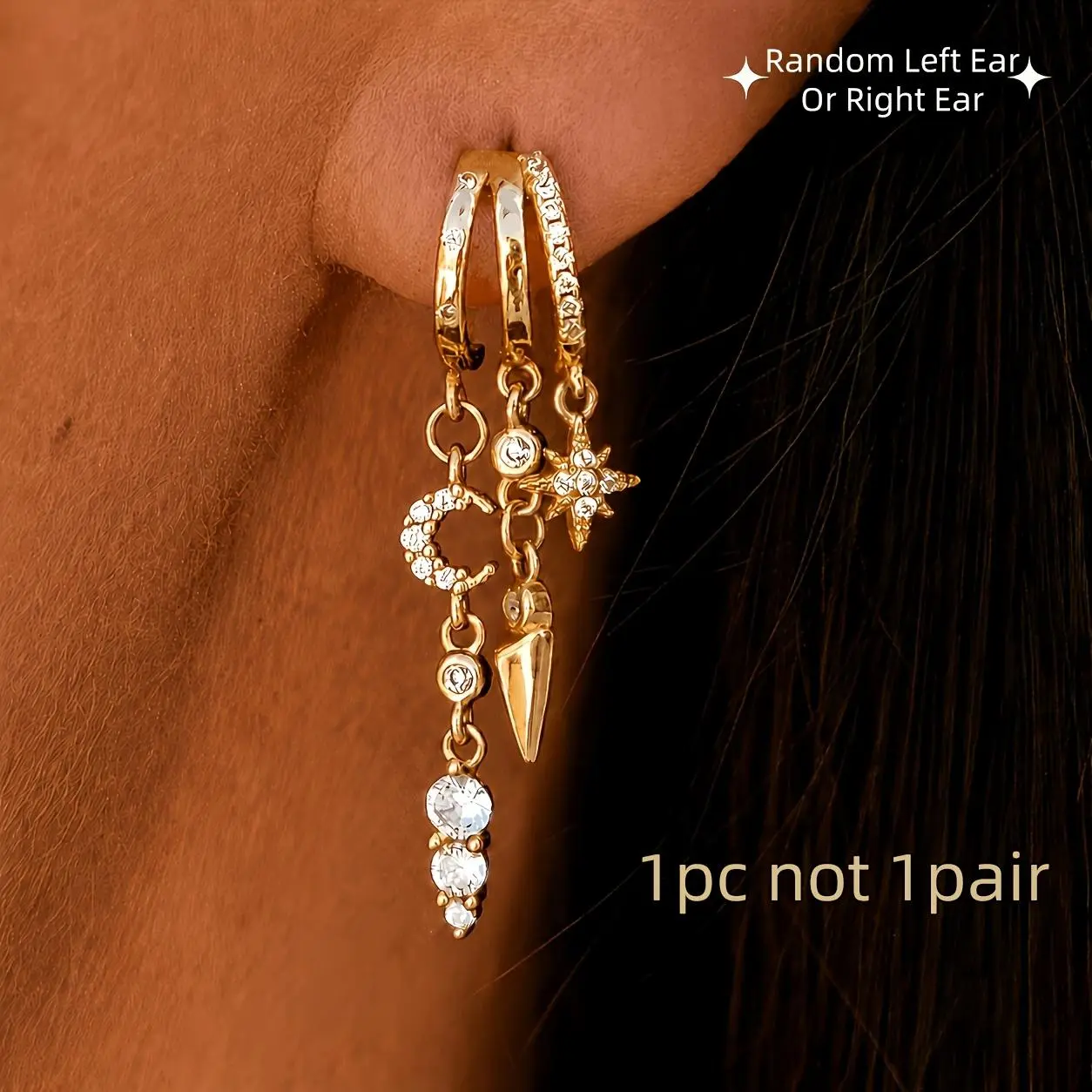 Single Earring, Not a Pair, Trendy Triple Huggie Stud Earrings, Random Left Or Right Ear, Dainty Dangle Small Hoop Long Drop Chain Earrings, Non Tarnish Jewelry