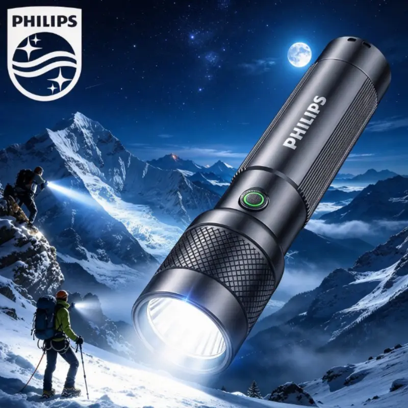 Philips Rechargeable EDC Flashlight, Stepless Dimming Tactical Torch with SOS & Strobe Modes, IPX4 Waterproof, Type‑C Charging, 1200mAh Built‑in Battery for Camping Fishing Emergency, Outdoor Tactical Light