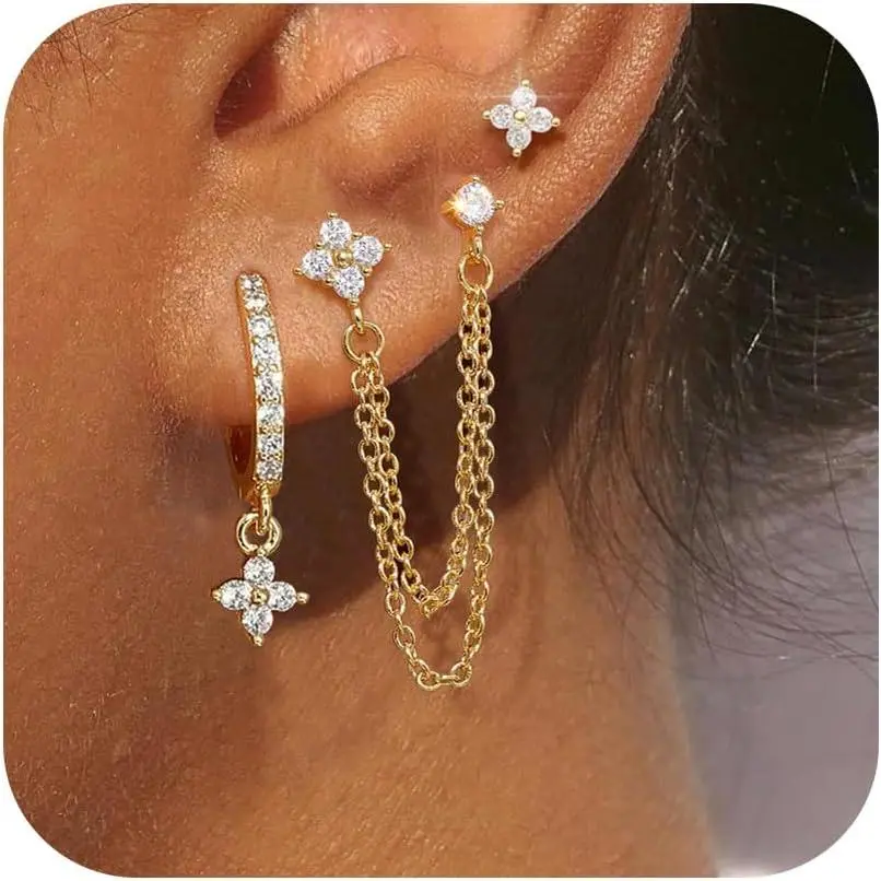 3 Pairs Flower Chain Earrings Set for Women | multiple  earrings with CZ flower studs, hoops and  chain earrings for cartilage styling